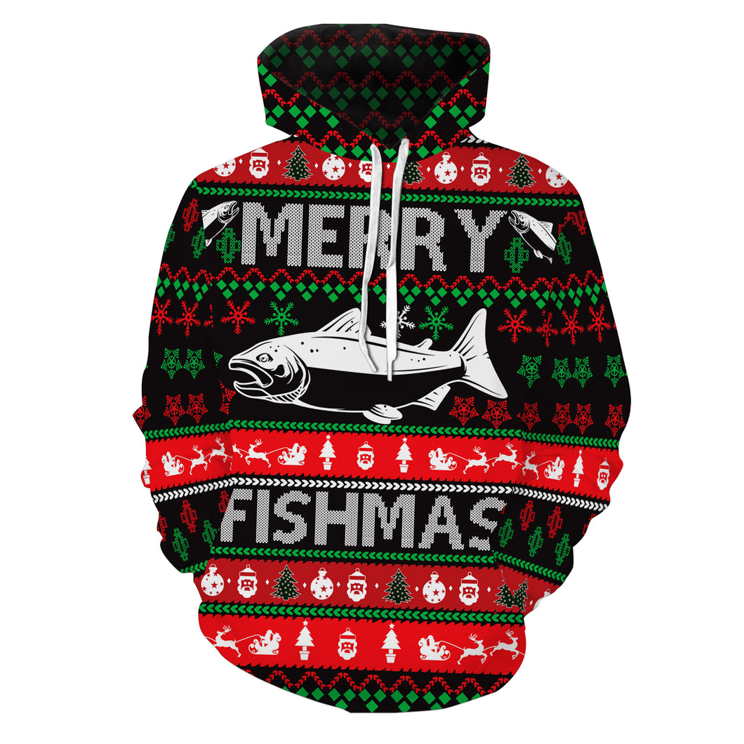 Merry Fishmas funny ugly Christmas salmon fishing 3D All Over Printed fishing hoodie, gift for fishing lovers NPQ338