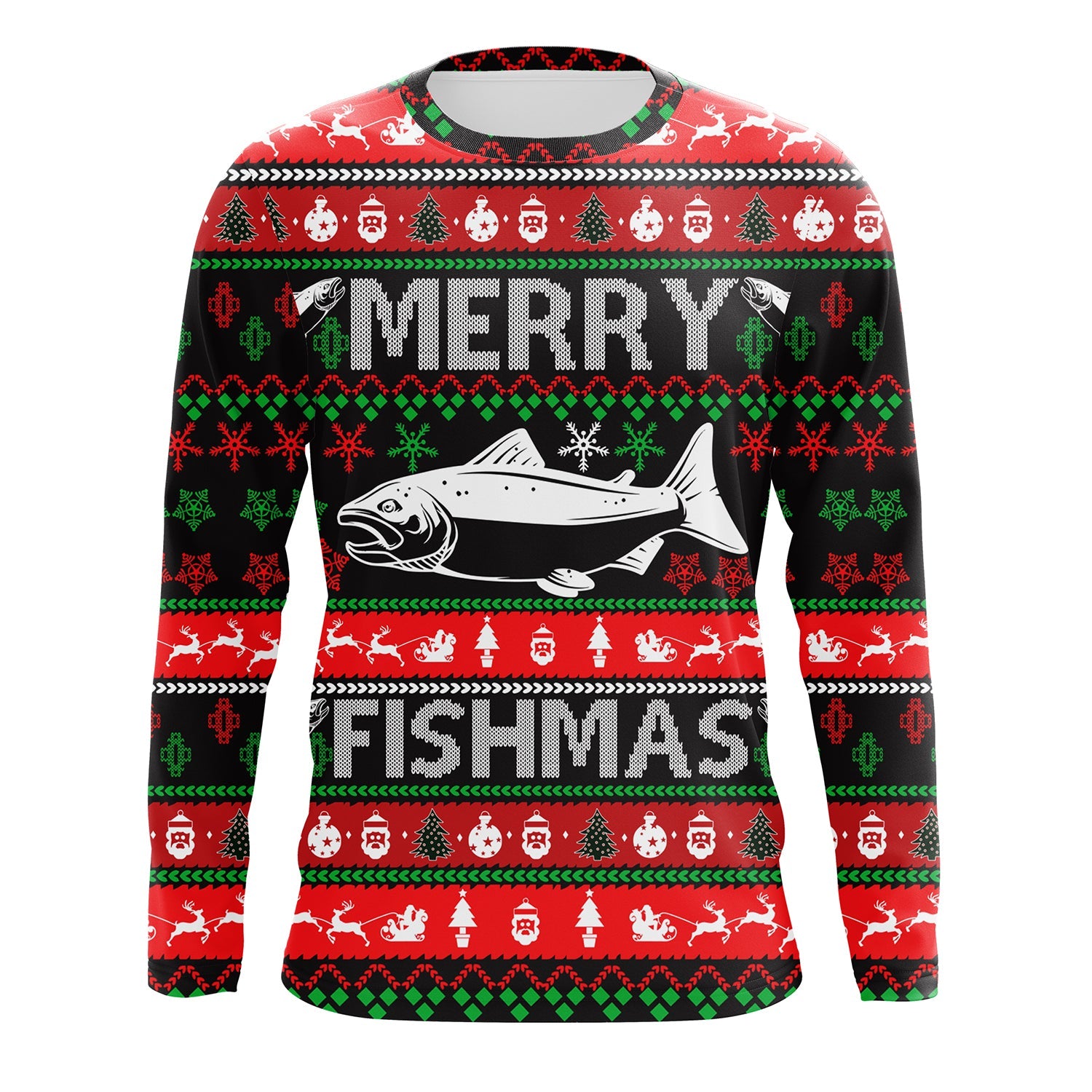 Merry Fishmas funny ugly Christmas salmon fishing shirt UV protection long sleeves UPF 30+ Christmas gift NQS2350