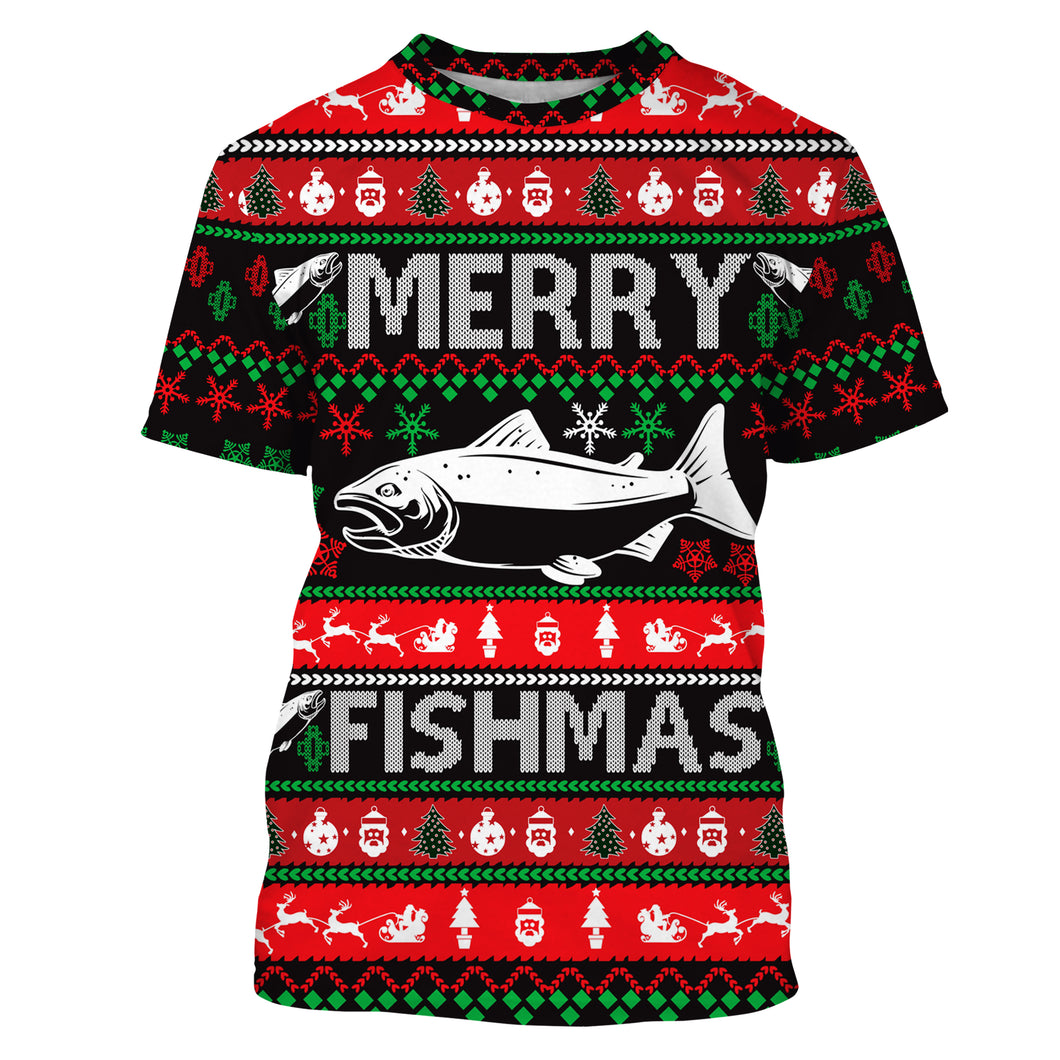 Merry Fishmas funny ugly Christmas salmon fishing All-over Print Unisex fishing T-shirt, gift for fishing lovers NPQ338