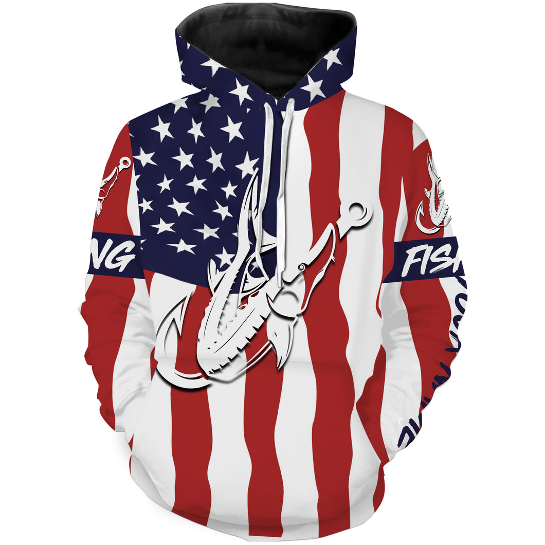 Sturgeon fishing American Flag Fish hook Custom name performance fishing jerseys | Hoodie - NPQ755