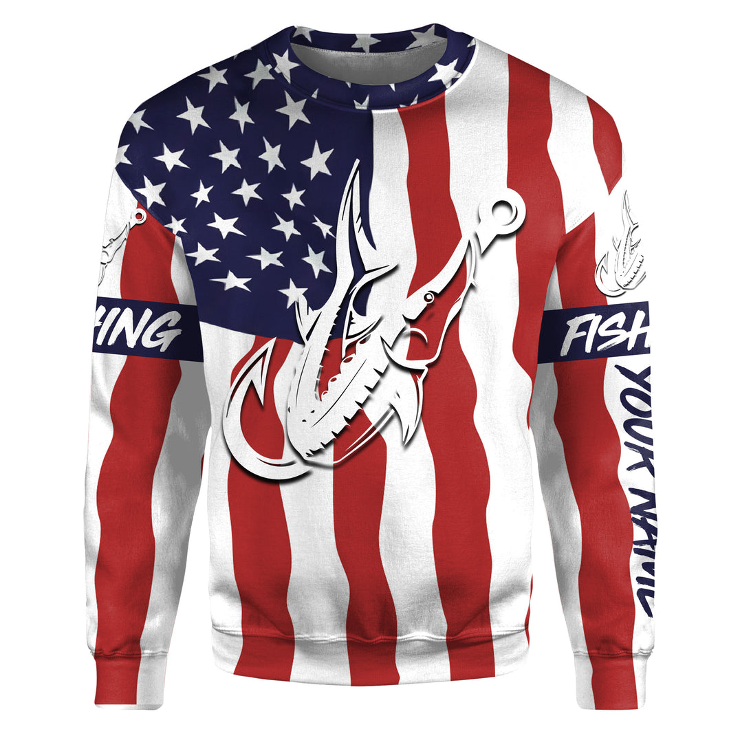 Sturgeon fishing American Flag Fish hook Custom name fishing jerseys | Sweatshirt - NPQ755