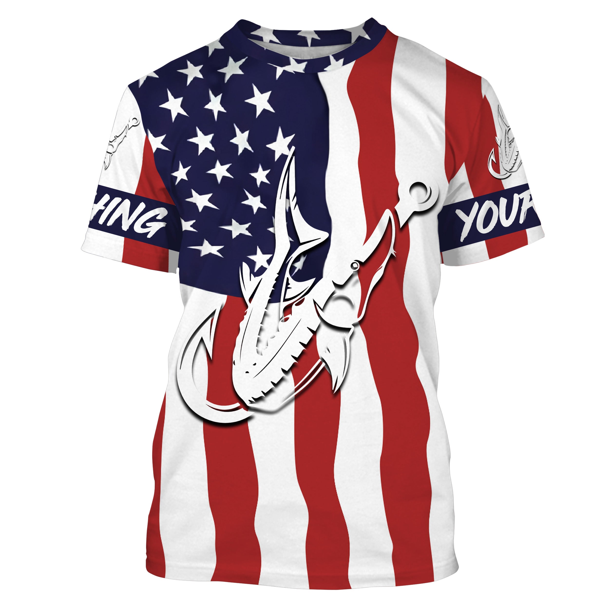 Sturgeon fishing American Flag Fish hook Custom name performance fishing jerseys | Tshirt - NPQ755