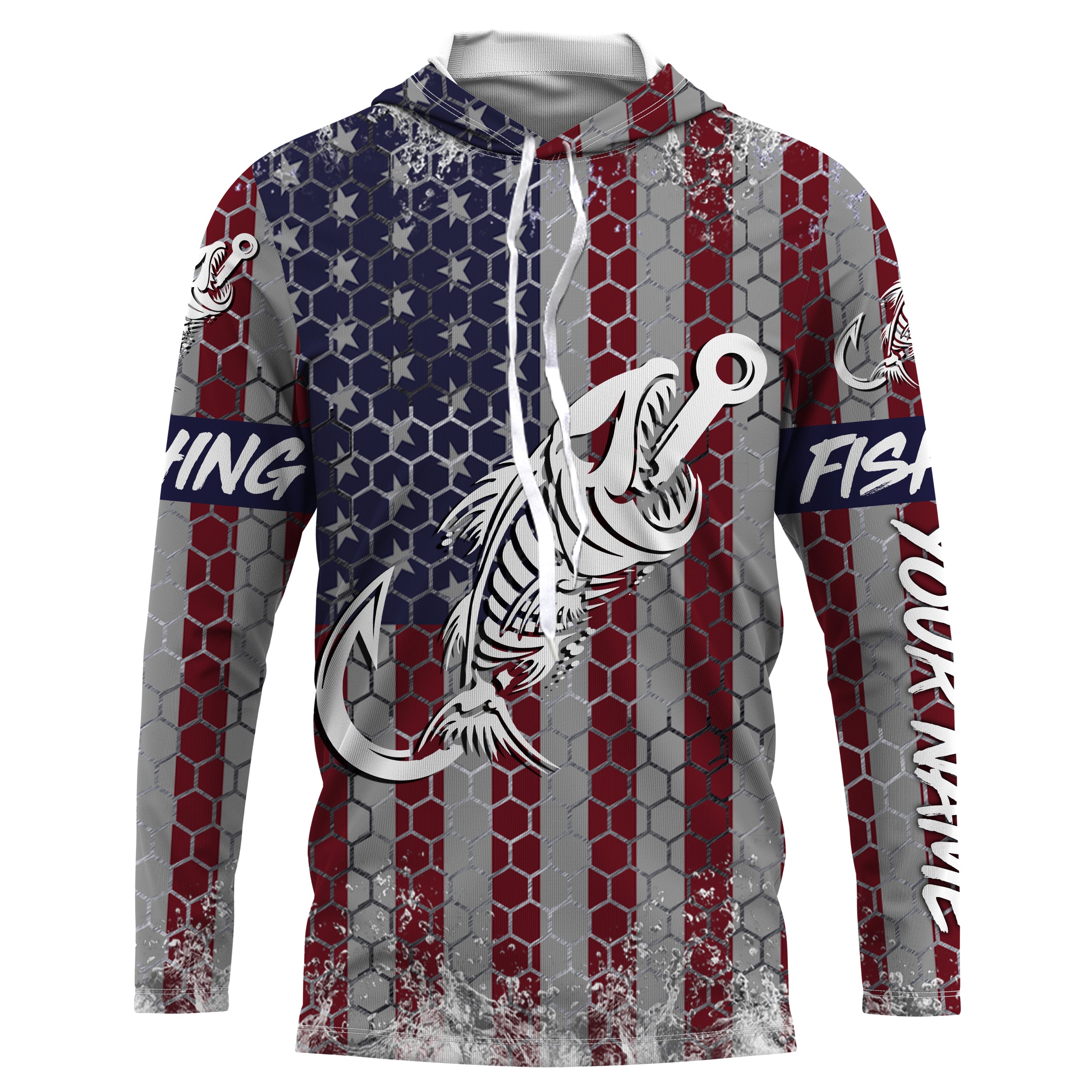 American flag fishing Fish hook skull Custom name fishing jerseys | Long sleeve, Long Sleeve Hooded NPQ813