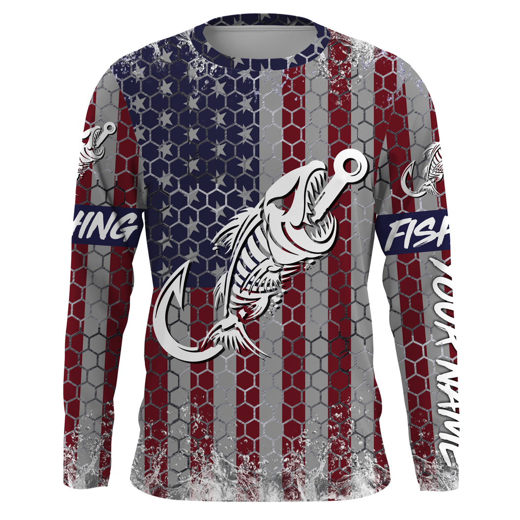American flag fishing Fish hook skull Custom name fishing jerseys | Long sleeve, Long Sleeve Hooded NPQ813