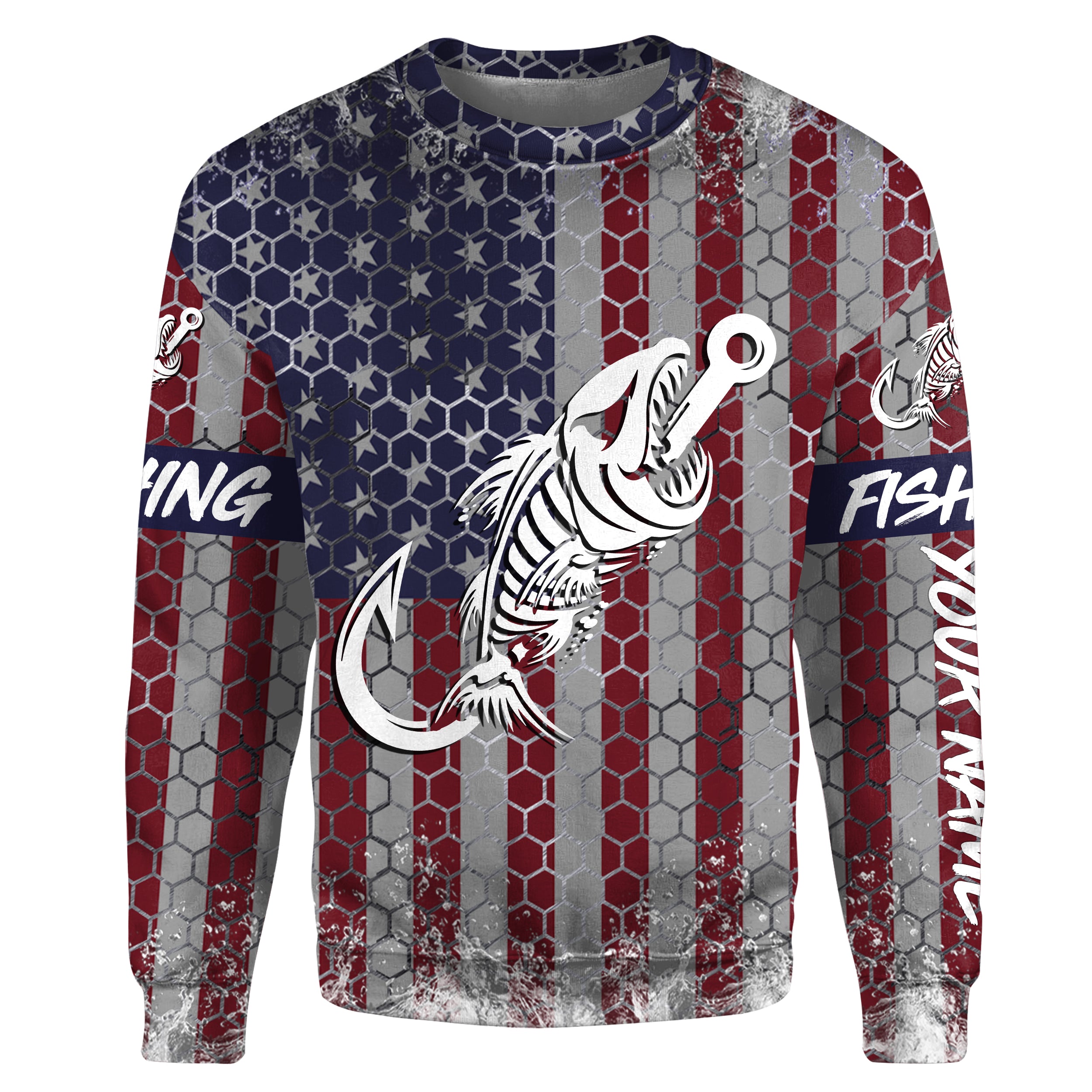 American flag fishing Fish hook skull Custom name fishing jerseys | Sweatshirt - NPQ813