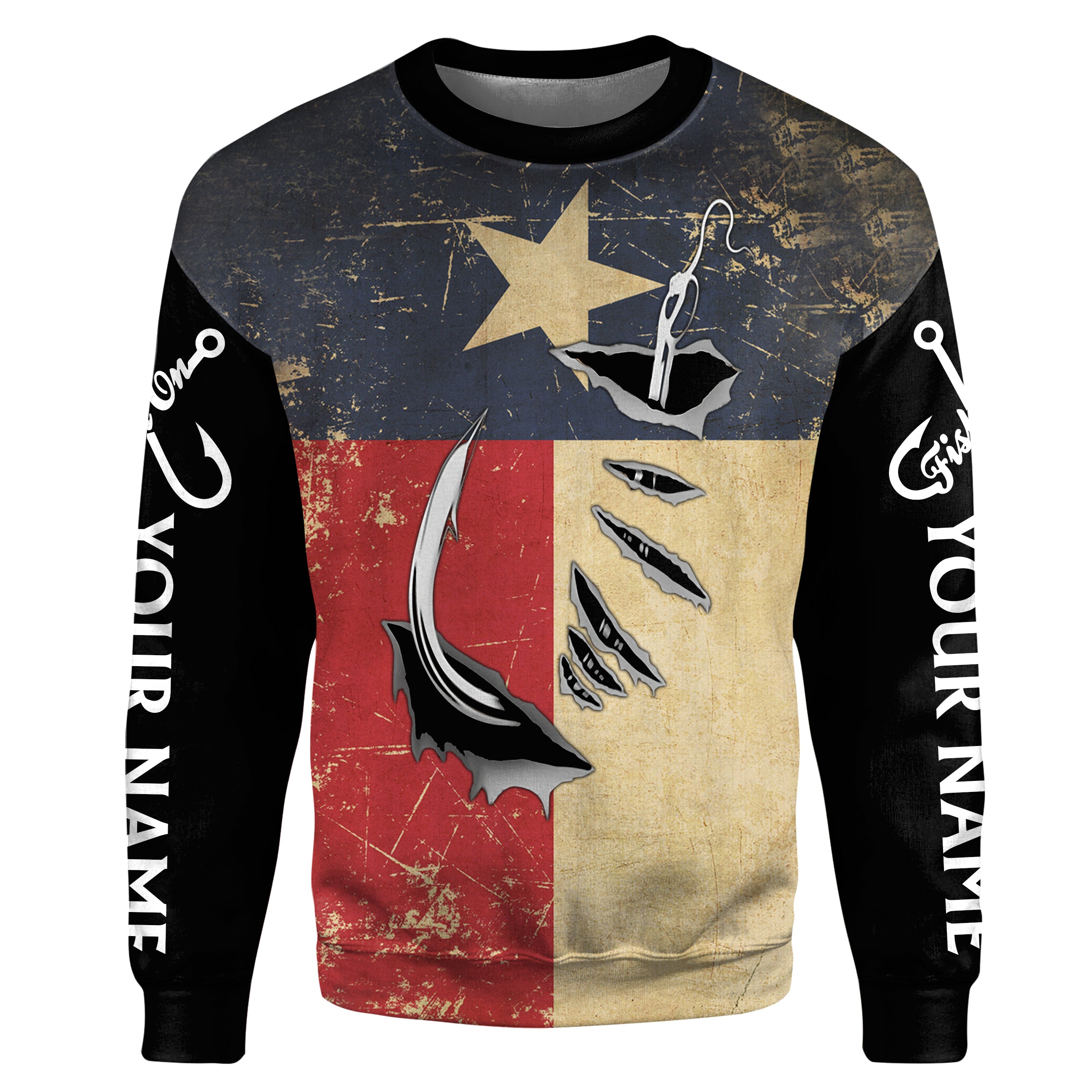 Texas Fishing 3D Fish Hook patriotic fish on Custom name fishing jerseys | Sweatshirt - NPQ814