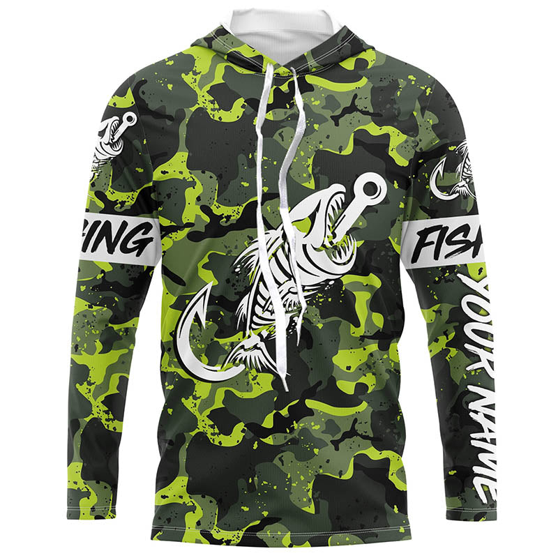 Fish hook skull Green Camo fish reaper Custom name fishing jerseys | Long sleeve, Long Sleeve Hooded NPQ838