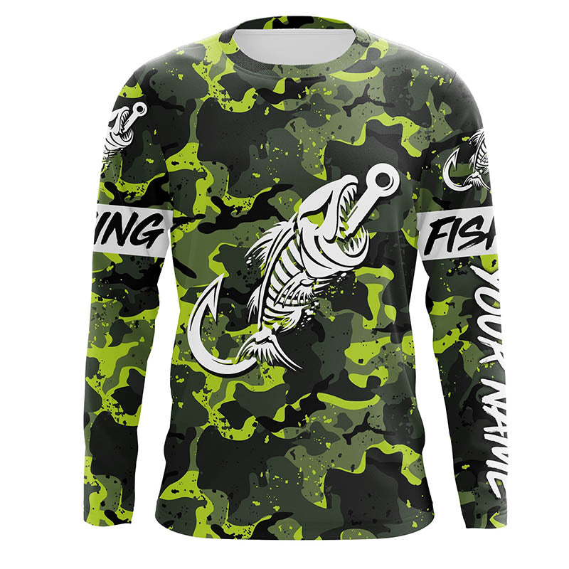 Fish hook skull Green Camo fish reaper Custom name fishing jerseys | Long sleeve, Long Sleeve Hooded NPQ838