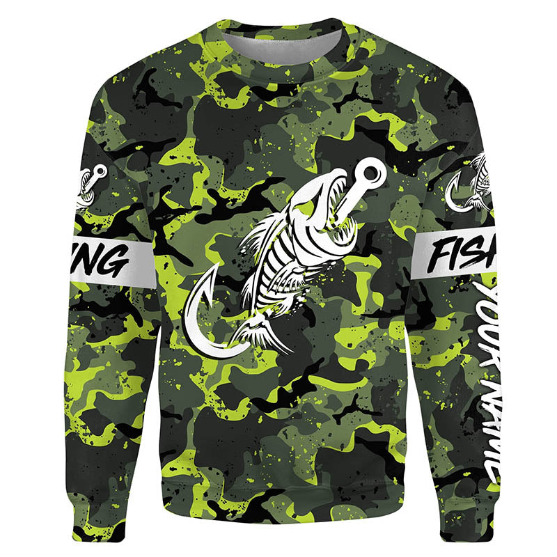 Fish hook skull Green Camo fish reaper Custom name fishing jerseys | Sweatshirt - NPQ838