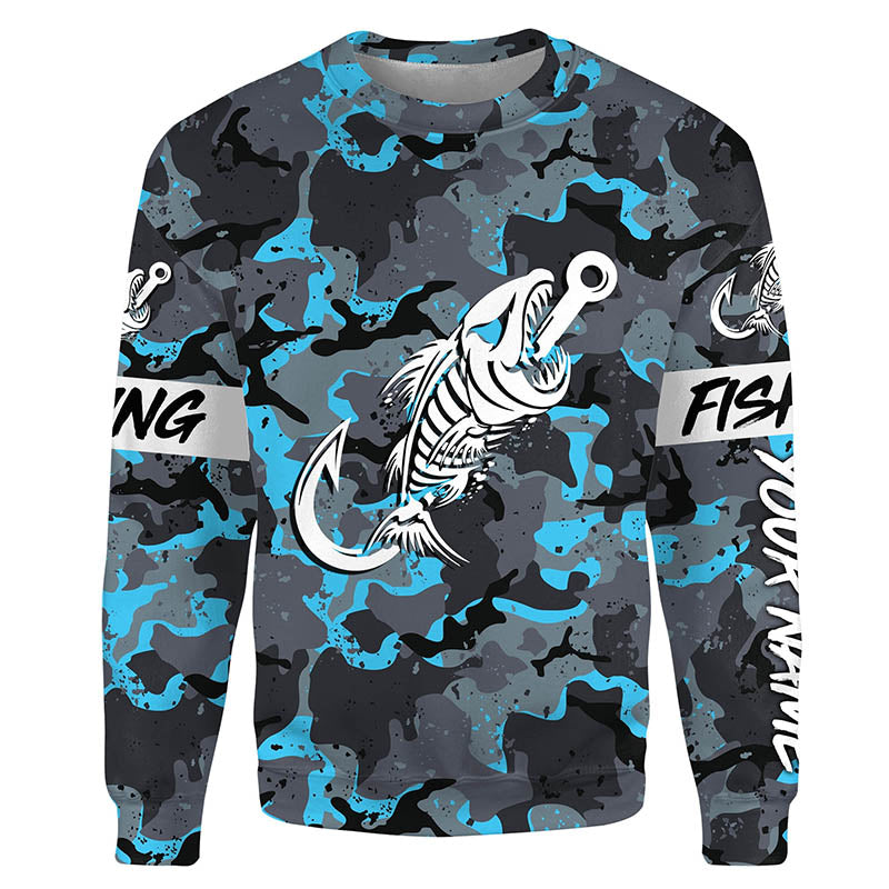Fish hook skull blue Camo fish reaper Custom name fishing jerseys | Sweatshirt - NPQ839