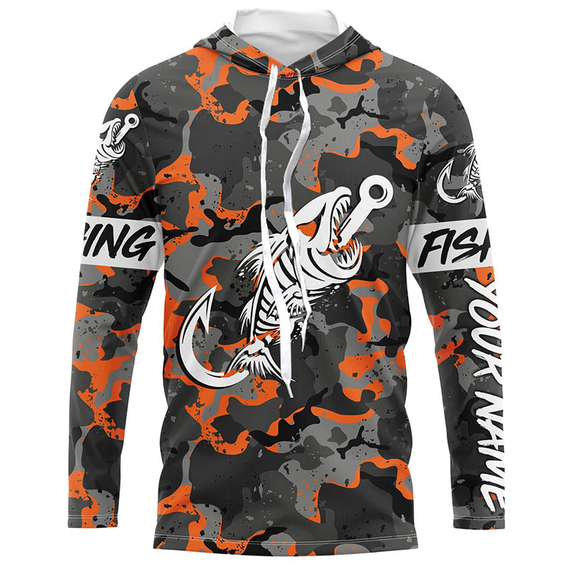 Fish hook skull orange Camo fish reaper Custom name fishing jerseys | Long sleeve, Long Sleeve Hooded NPQ840