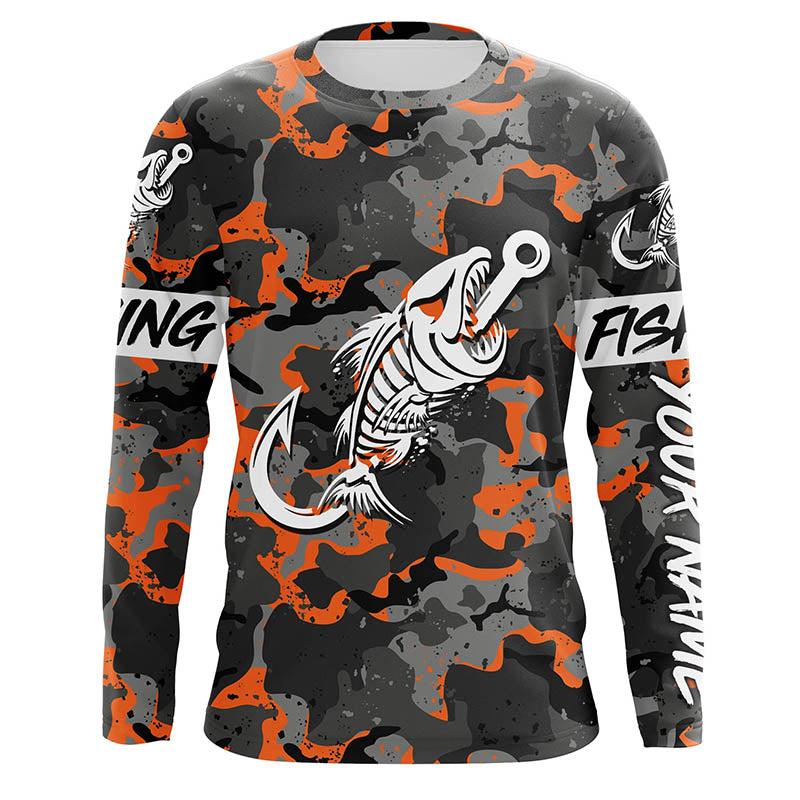 Fish hook skull orange Camo fish reaper Custom name fishing jerseys | Long sleeve, Long Sleeve Hooded NPQ840