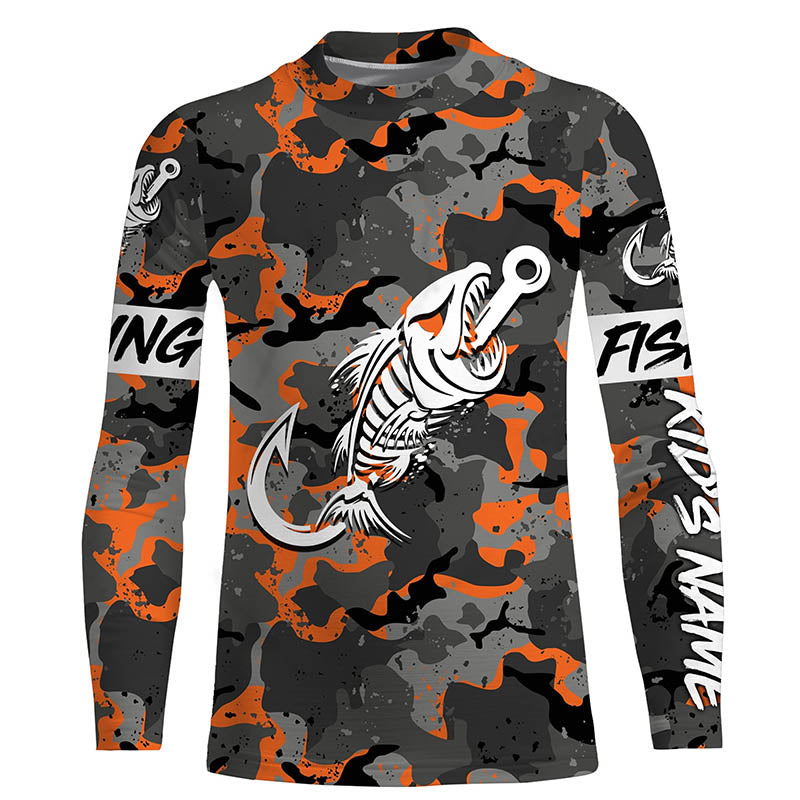 Fish hook skull orange Camo fish reaper Custom name fishing jerseys | Kid Long Sleeves NPQ840