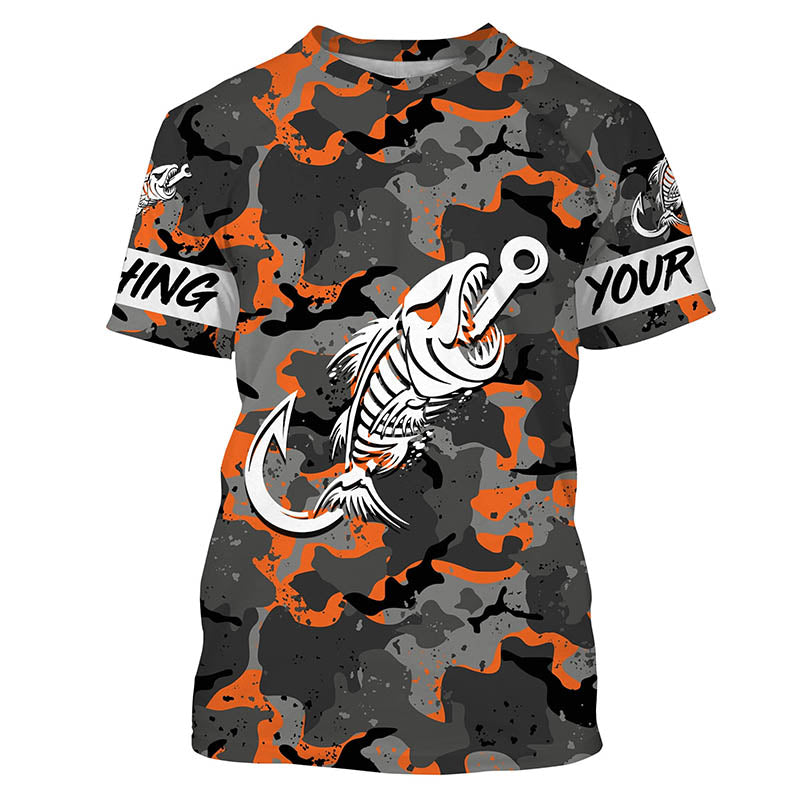 Fish hook skull orange Camo fish reaper Custom name fishing jerseys | Tshirt - NPQ840