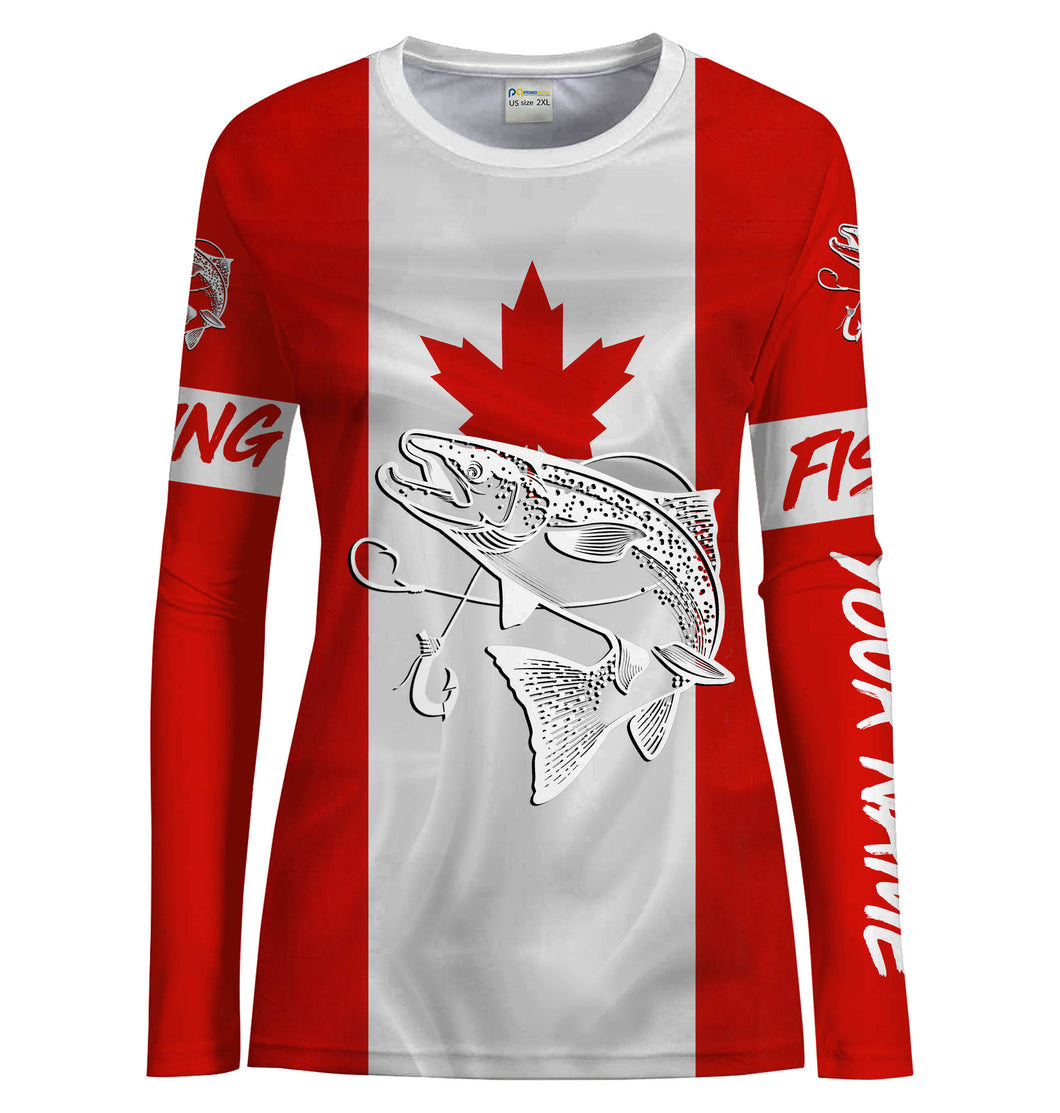 Chinook Salmon Fishing Canadian Flag Customize Name UV protection UPF 30+ quick dry long sleeves fishing shirt for women NPQ123