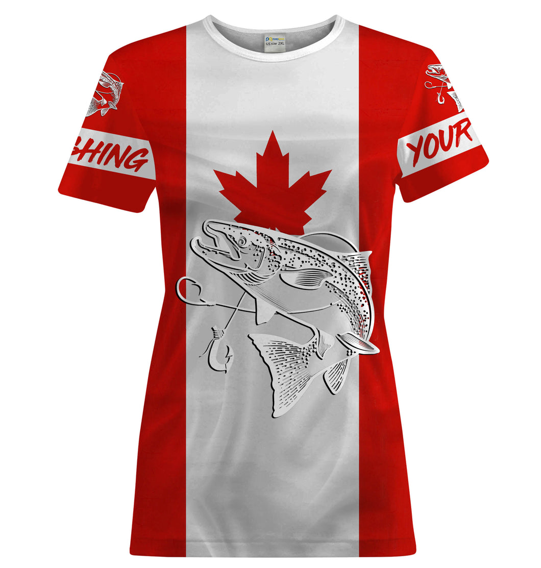Chinook Salmon Fishing Canadian Flag Customize Name UV protection UPF 30+ fishing t shirts for women NPQ123