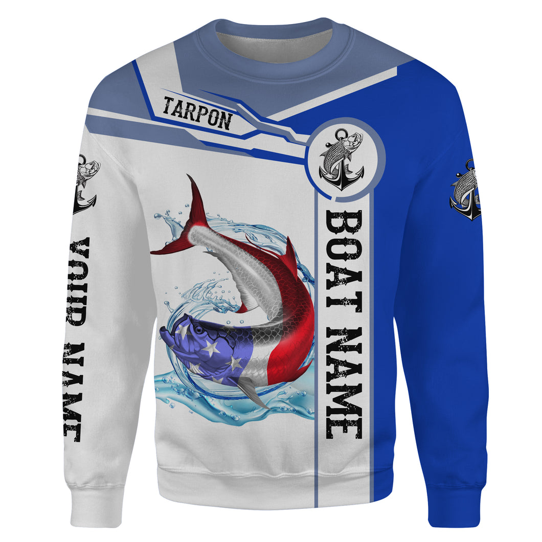 Tarpon Fishing American Flag Customize name and boat name All-over Print Crew Neck Sweatshirt, personalized fishing gift NPQ351