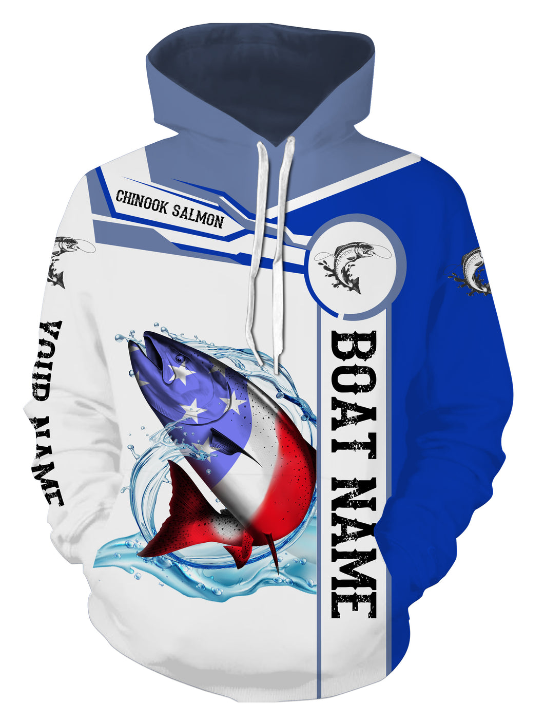 Chinook Salmon Fishing American Flag Customize name and boat name 3D All Over Printed fishing hoodie, personalized fishing gift NPQ353