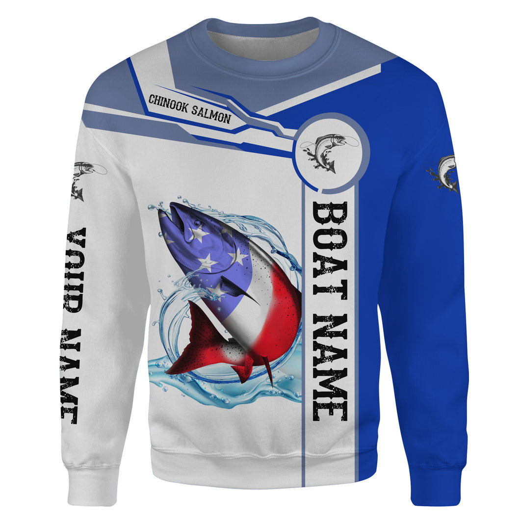 Chinook Salmon Fishing American Flag Customize name and boat name All-over Print Crew Neck Sweatshirt, personalized fishing gift NPQ353