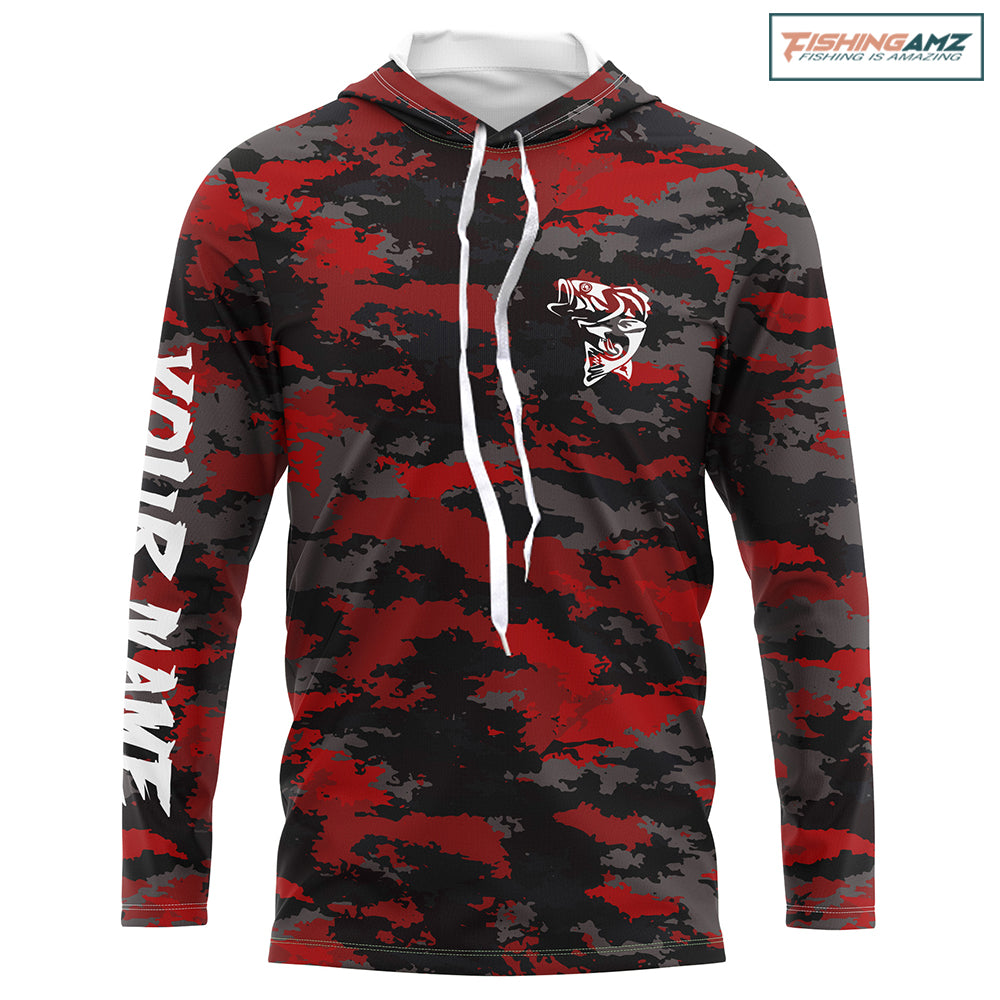 Bass fishing Red camouflage Custom Name Long sleeve, Long Sleeve Hooded Fishing Shirt - NPQ662