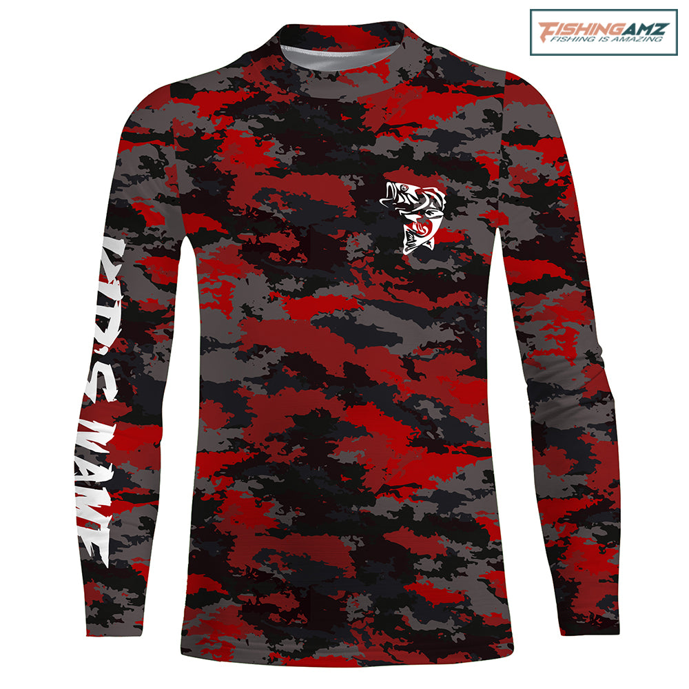 Bass fishing Red camouflage Custom Name Fishing shirt, gift for fisherman | Kid Long Sleeves - NPQ662