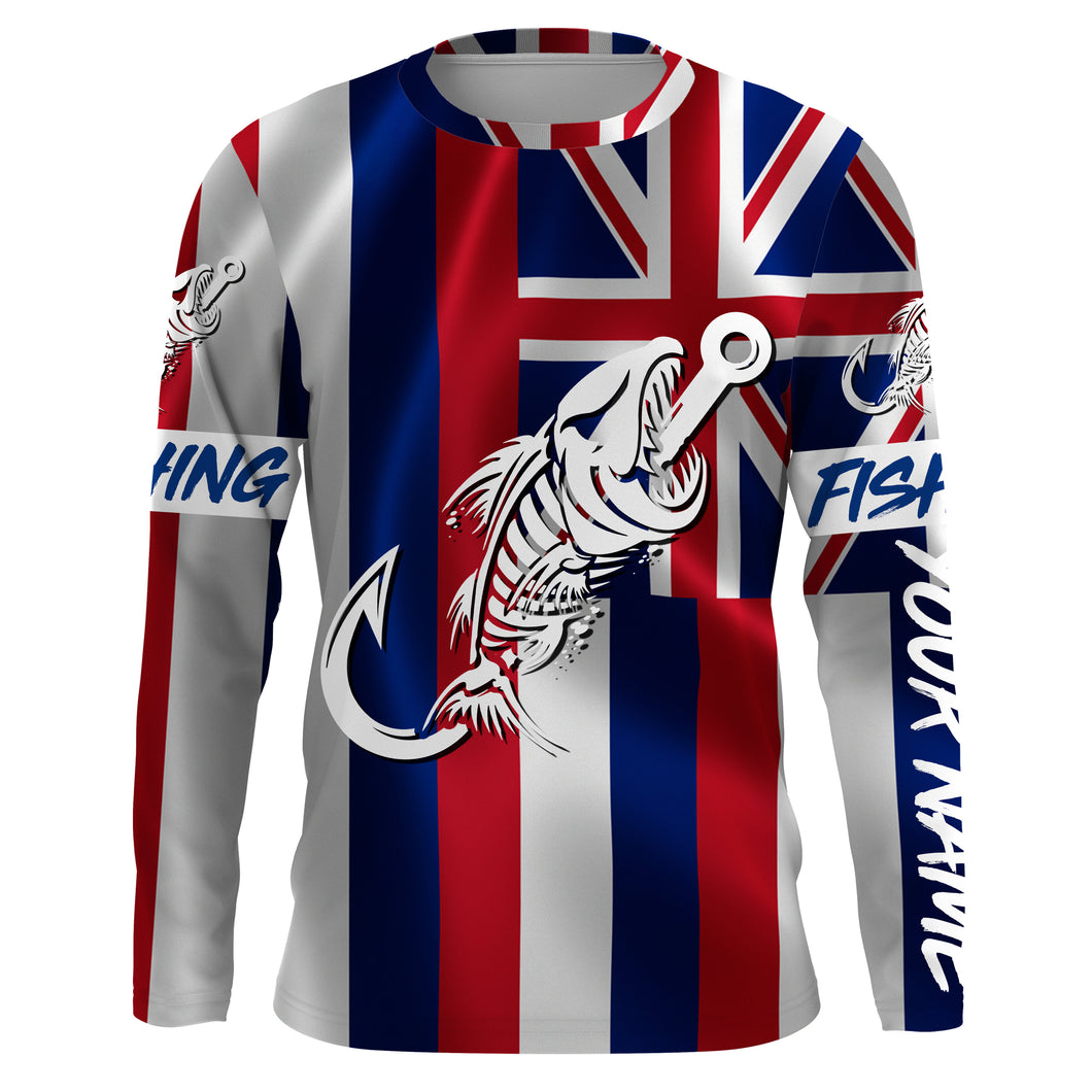 HI Fishing Custom Hawaiian Flag Fish hook skull custom fishing Long sleeve, Long Sleeve Hooded NPQ702