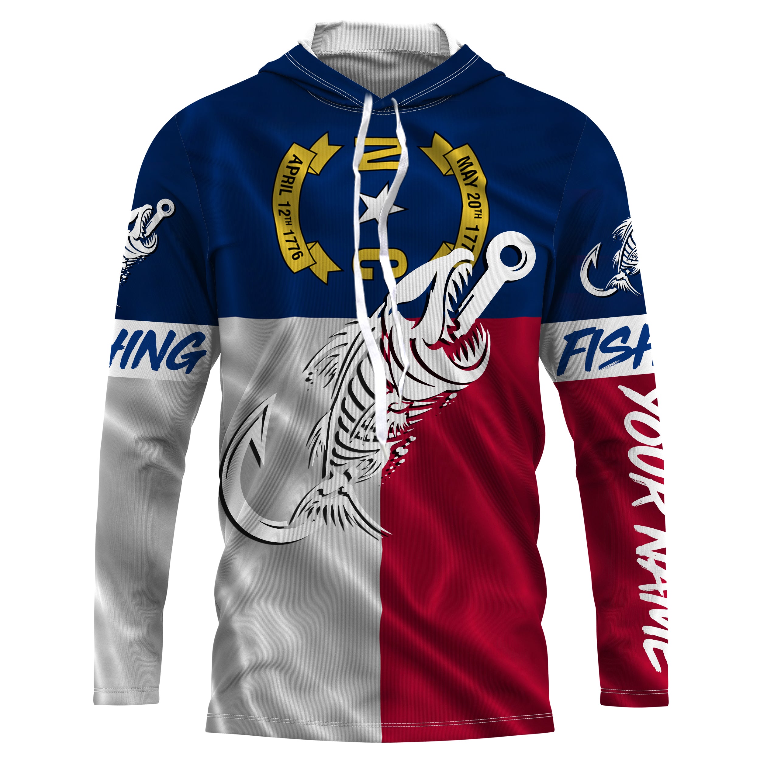 NC Fishing Custom North Carolina Flag Fish hook skull custom fishing Long sleeve, Long Sleeve Hooded NPQ700