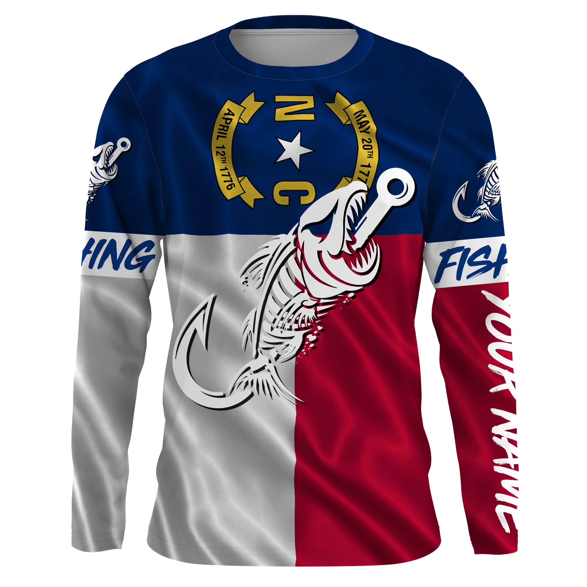 NC Fishing Custom North Carolina Flag Fish hook skull custom fishing Long sleeve, Long Sleeve Hooded NPQ700