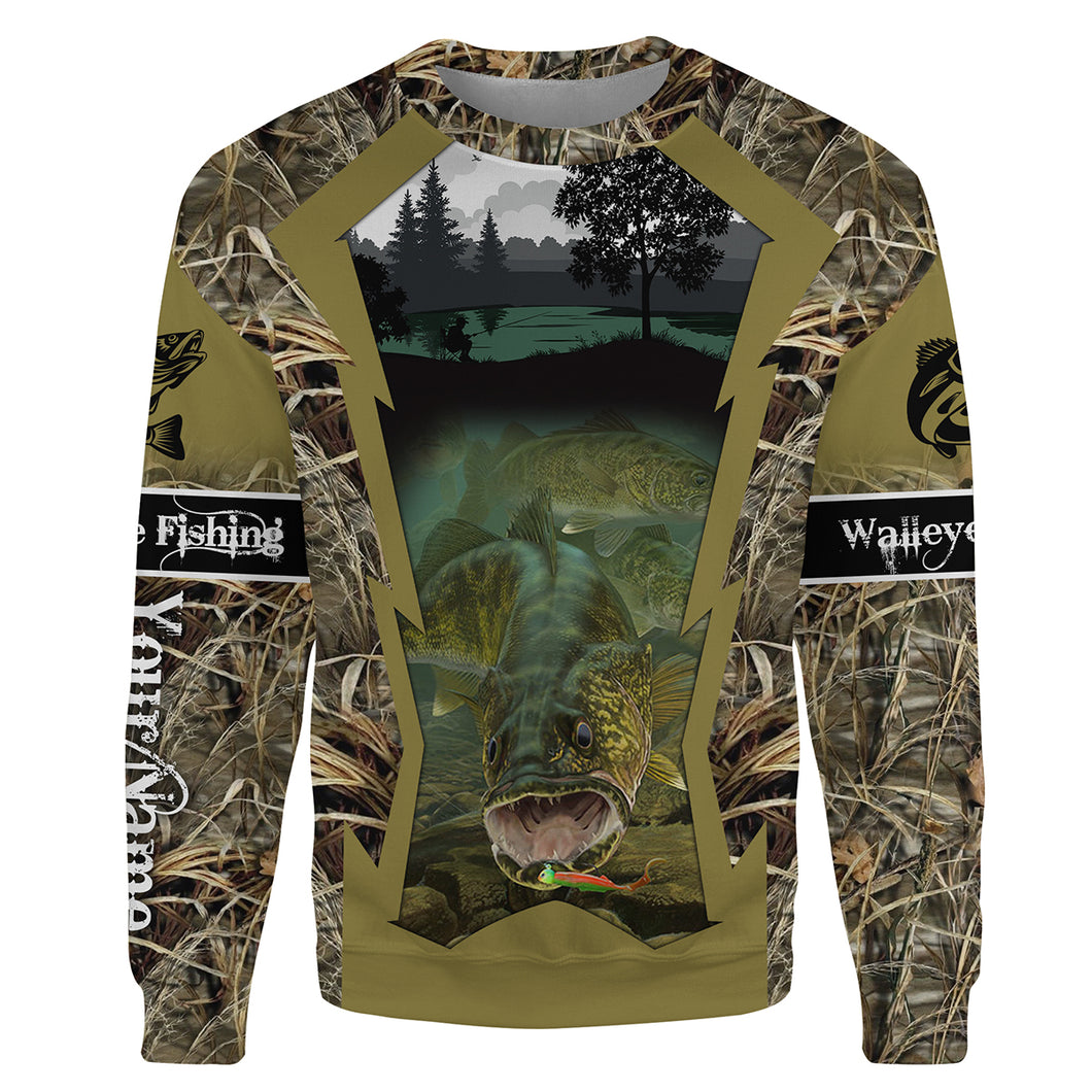 Walleye Fishing camo Customize name 3D All-over Print Crew Neck Sweatshirt, personalized fishing gift for men, women NPQ309