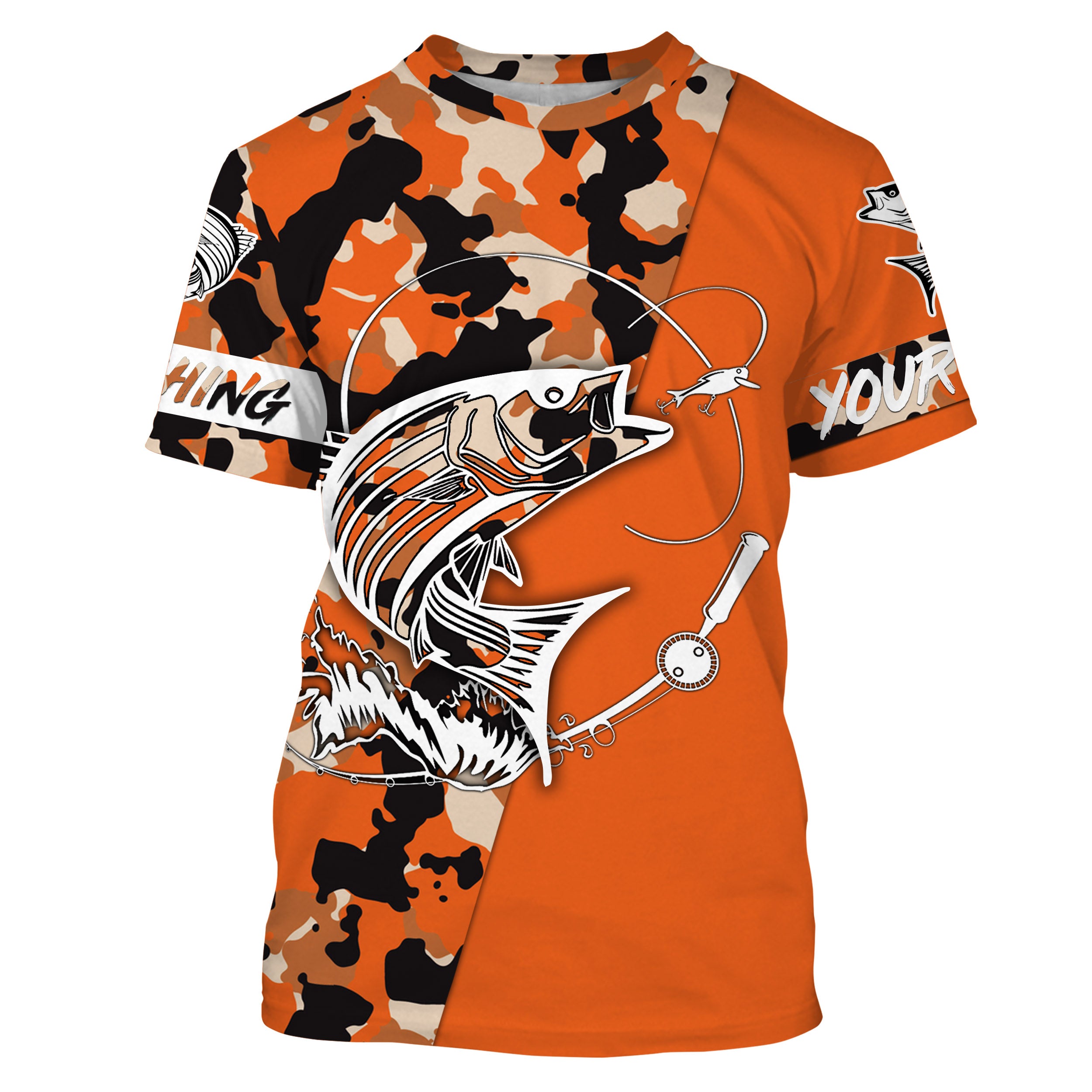 Custom Name striped bass fishing tattoos Camouflage Orange shirt Custom fishing T-shirt NPQ402