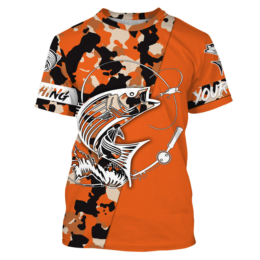 Custom Name striped bass fishing tattoos Camouflage Orange shirt Customize Name All-over Print Unisex fishing T-shirt NPQ402