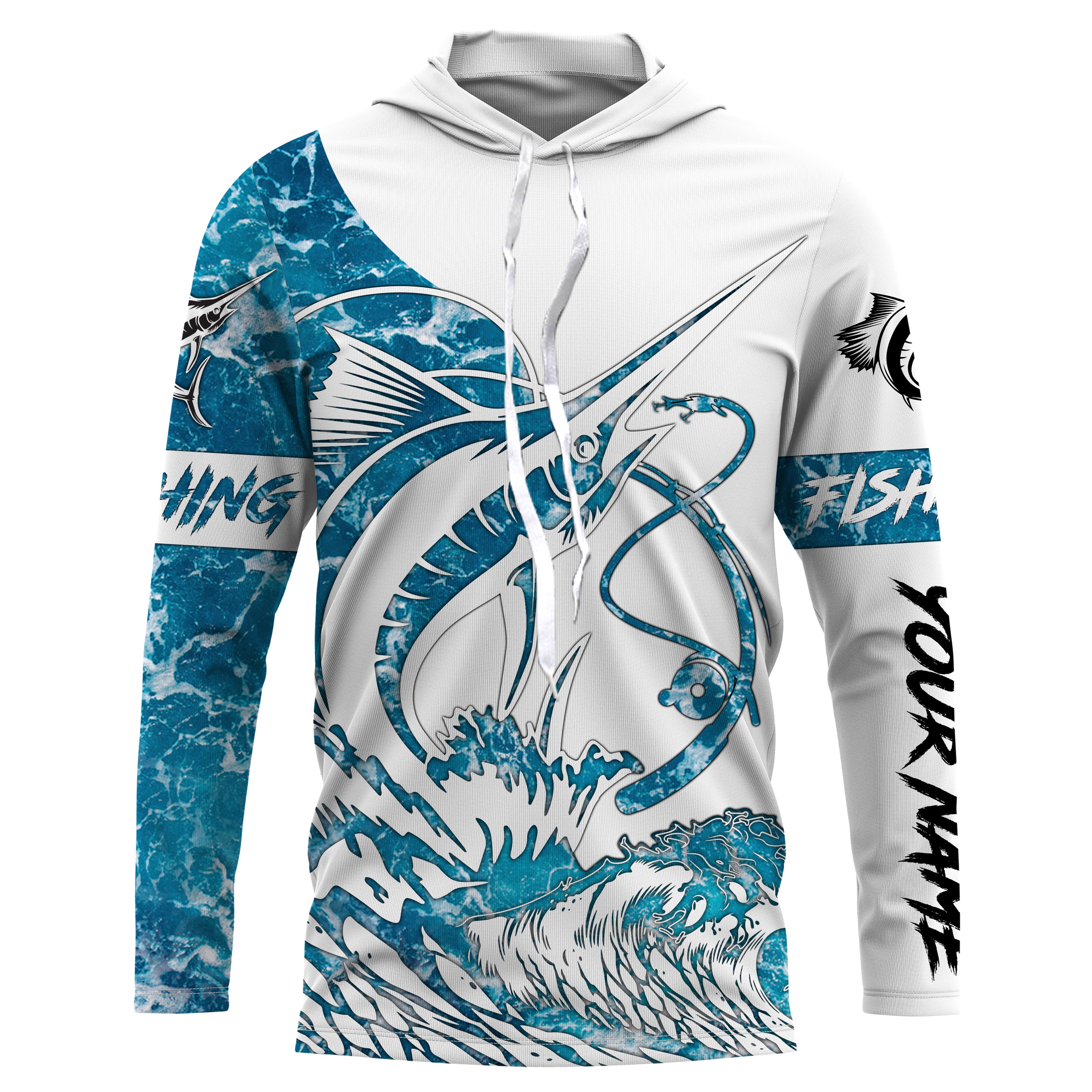 Sailfish fishing tattoo blue sea wave ocean camo Custom name Long sleeve fishing shirts, Long Sleeve Hooded NPQ902