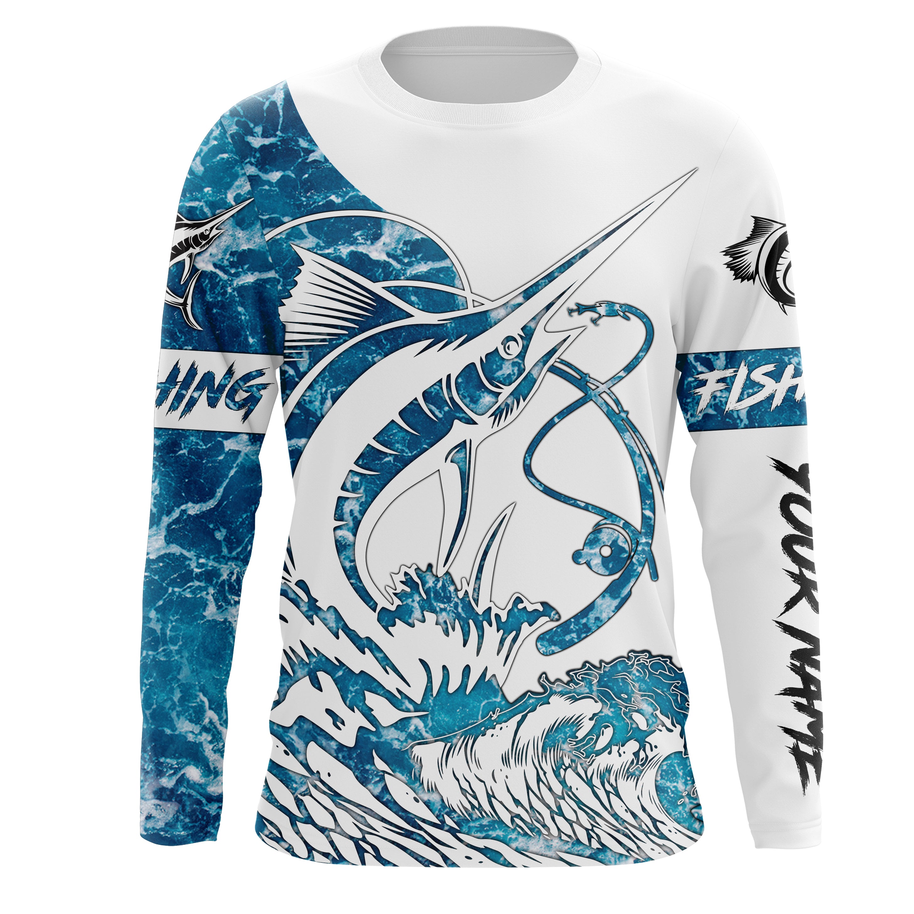 Sailfish fishing tattoo blue sea wave ocean camo Custom name Long sleeve fishing shirts, Long Sleeve Hooded NPQ902