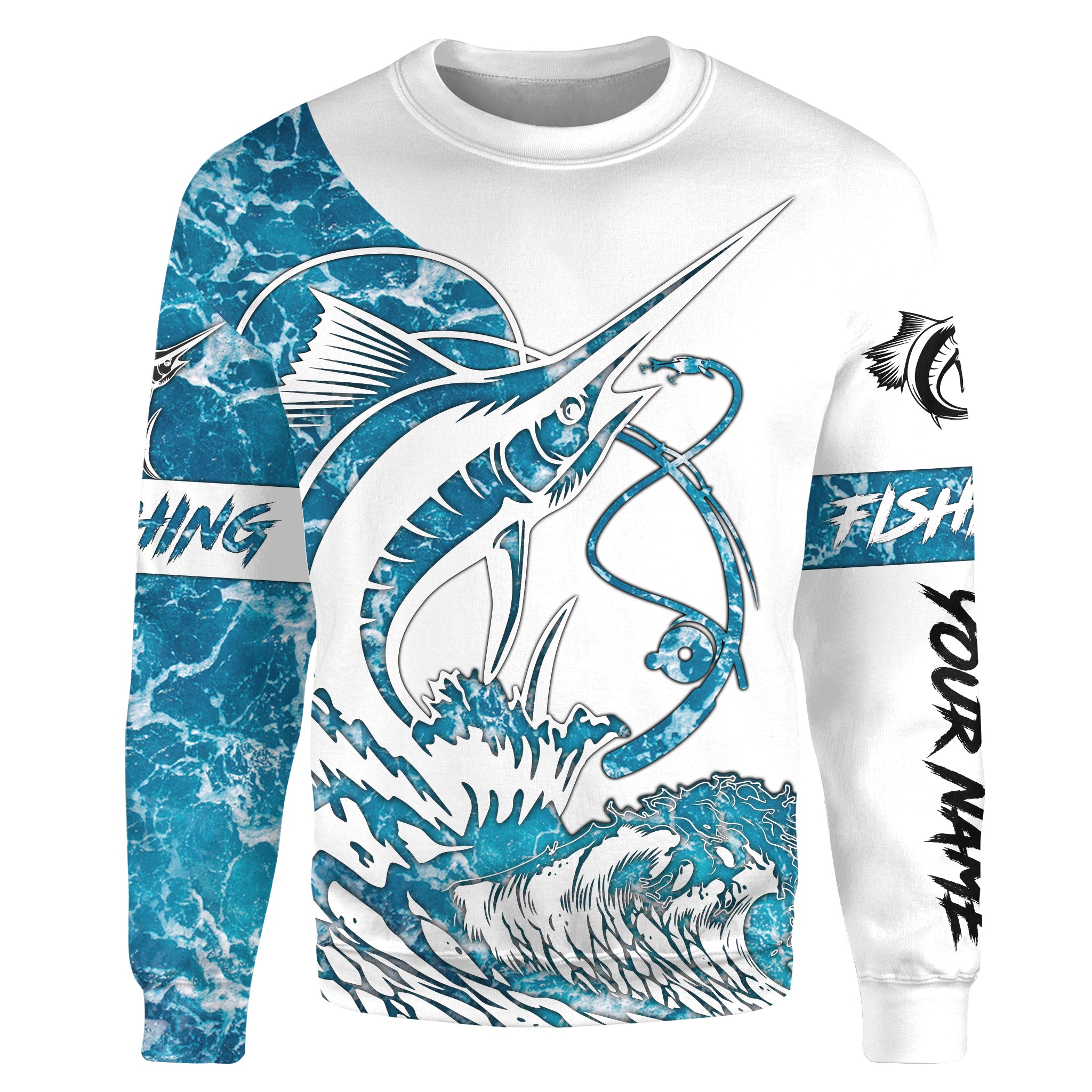 Sailfish fishing tattoo blue sea wave ocean camo Custom name fishing shirts jerseys | Sweatshirt - NPQ902