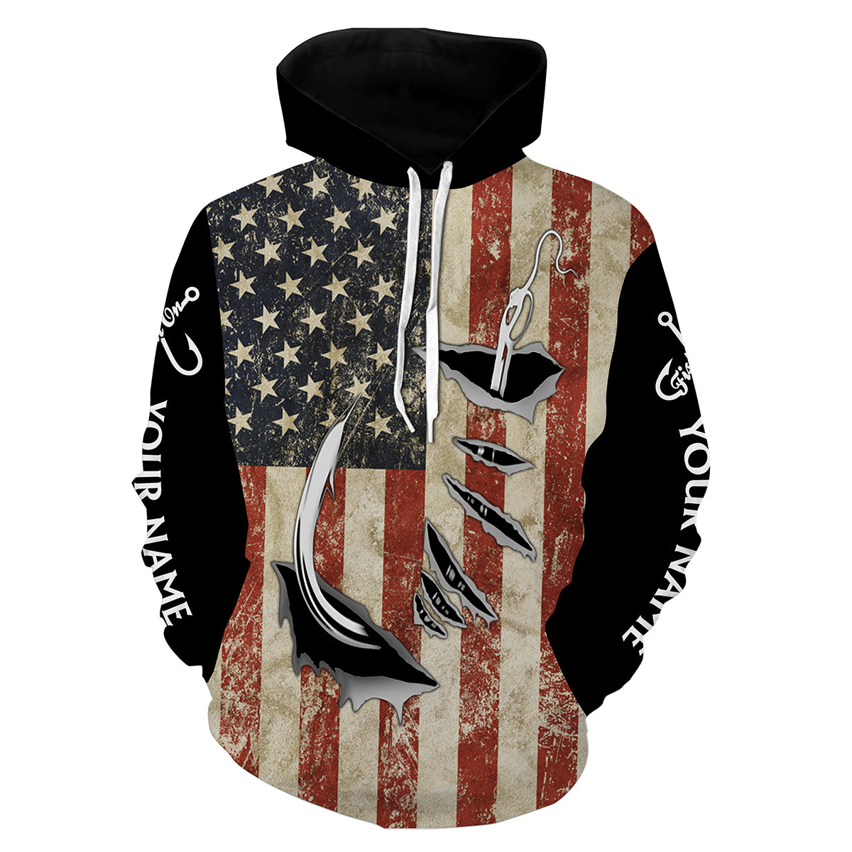 US Fishing 3D Fish Hook American Flag patriotic fish on Customize name fishing hoodie NPQ71