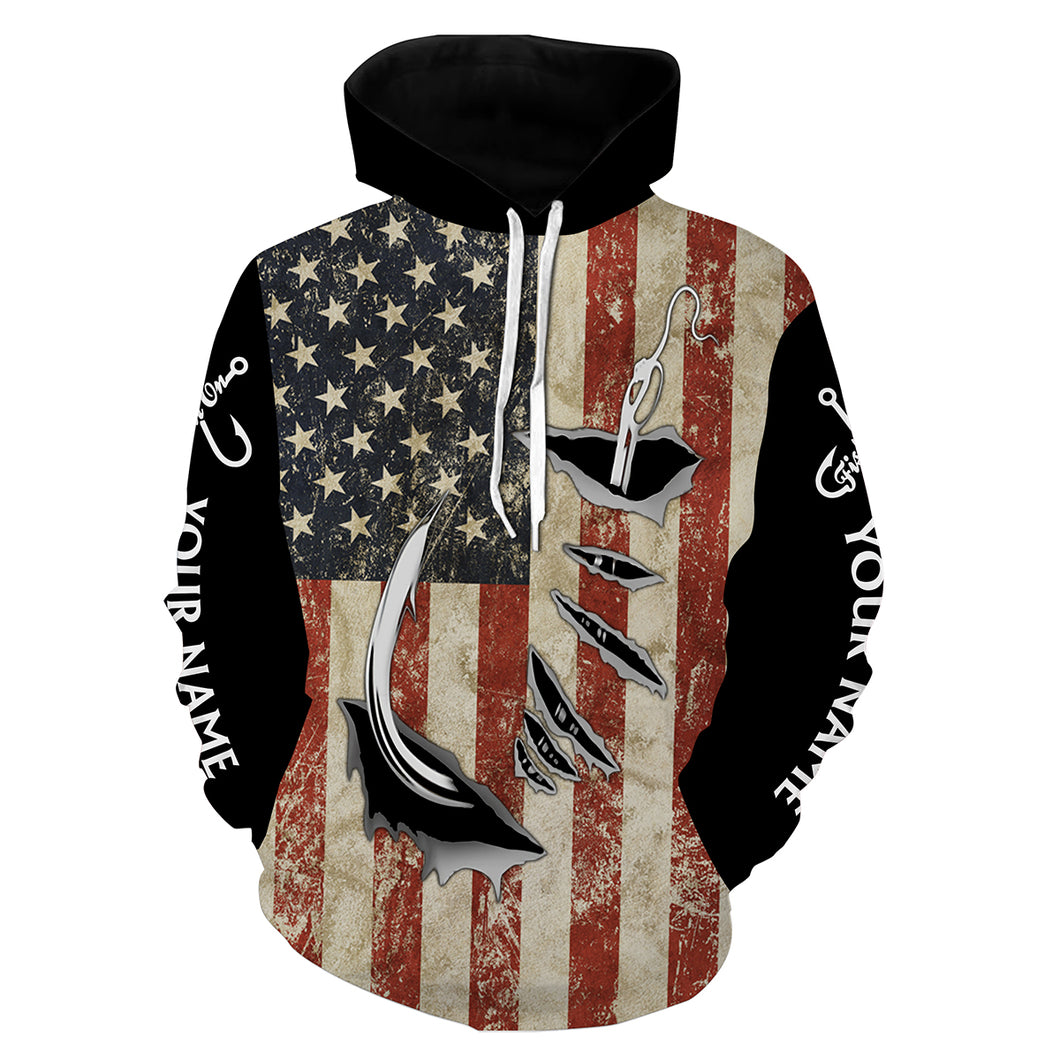 US Fishing 3D Fish Hook American Flag patriotic fish on Customize name 3D All Over Printed fishing hoodie NPQ71