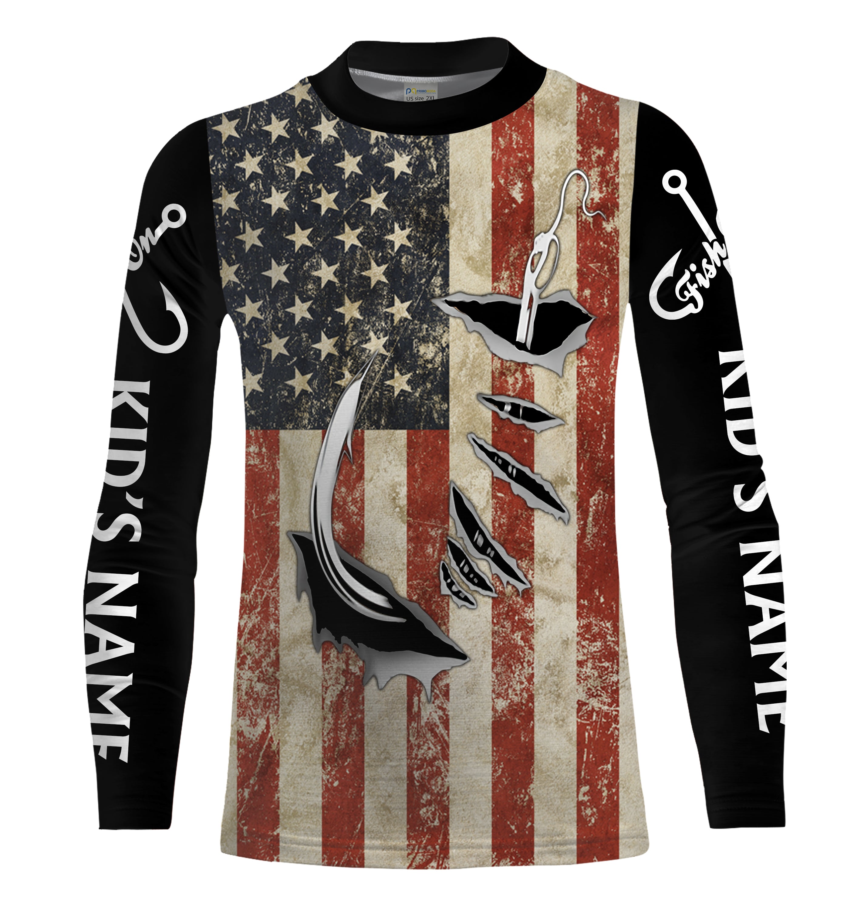 US Fishing Fish Hook American Flag patriotic Customize Name long sleeves fishing shirt for kid NPQ71