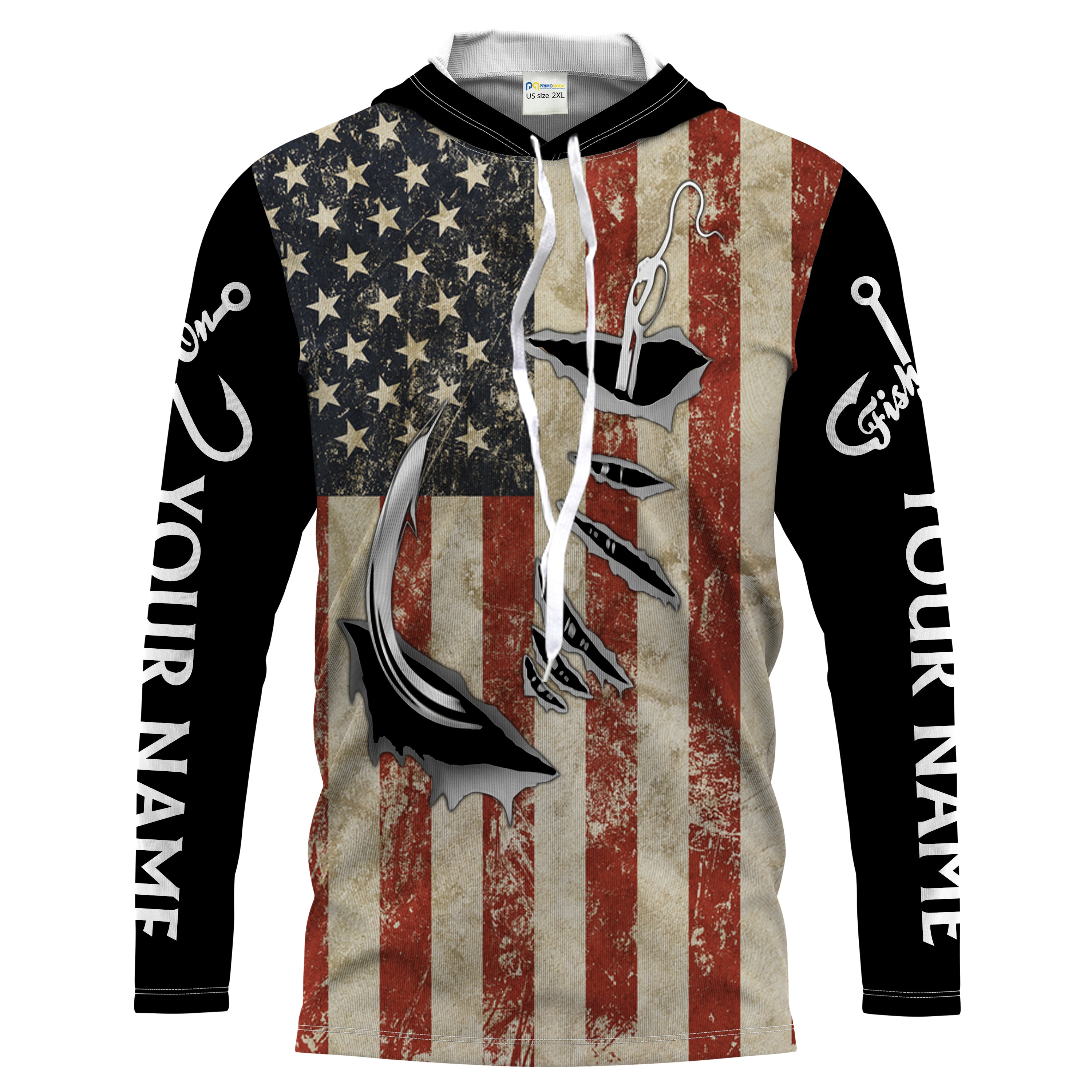 US Fishing Fish Hook American Flag patriotic Customize Name UV protection UPF 30+ long sleeves fishing shirt for men NPQ71