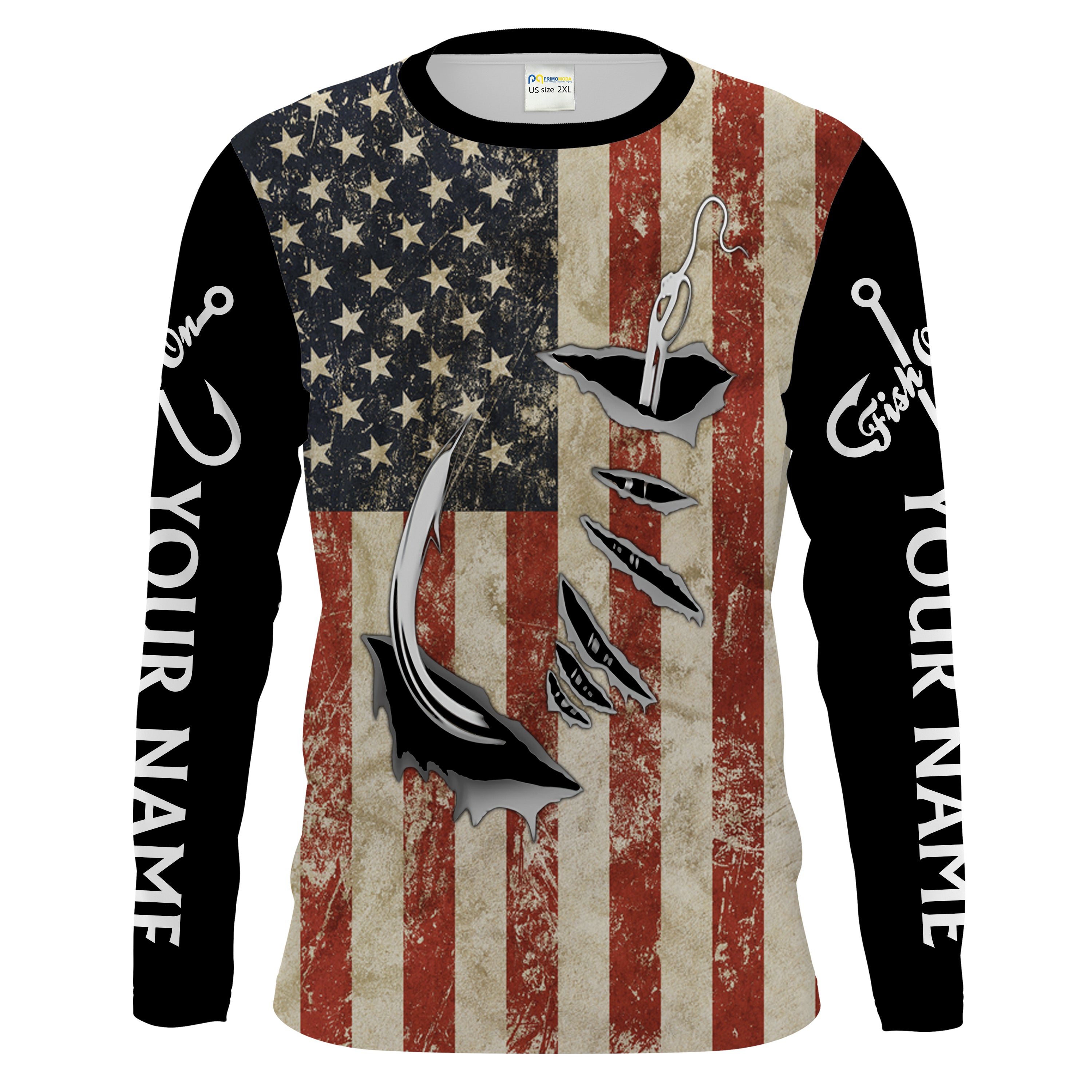 US Fishing Fish Hook American Flag patriotic Customize Name UV protection UPF 30+ long sleeves fishing shirt for men NPQ71