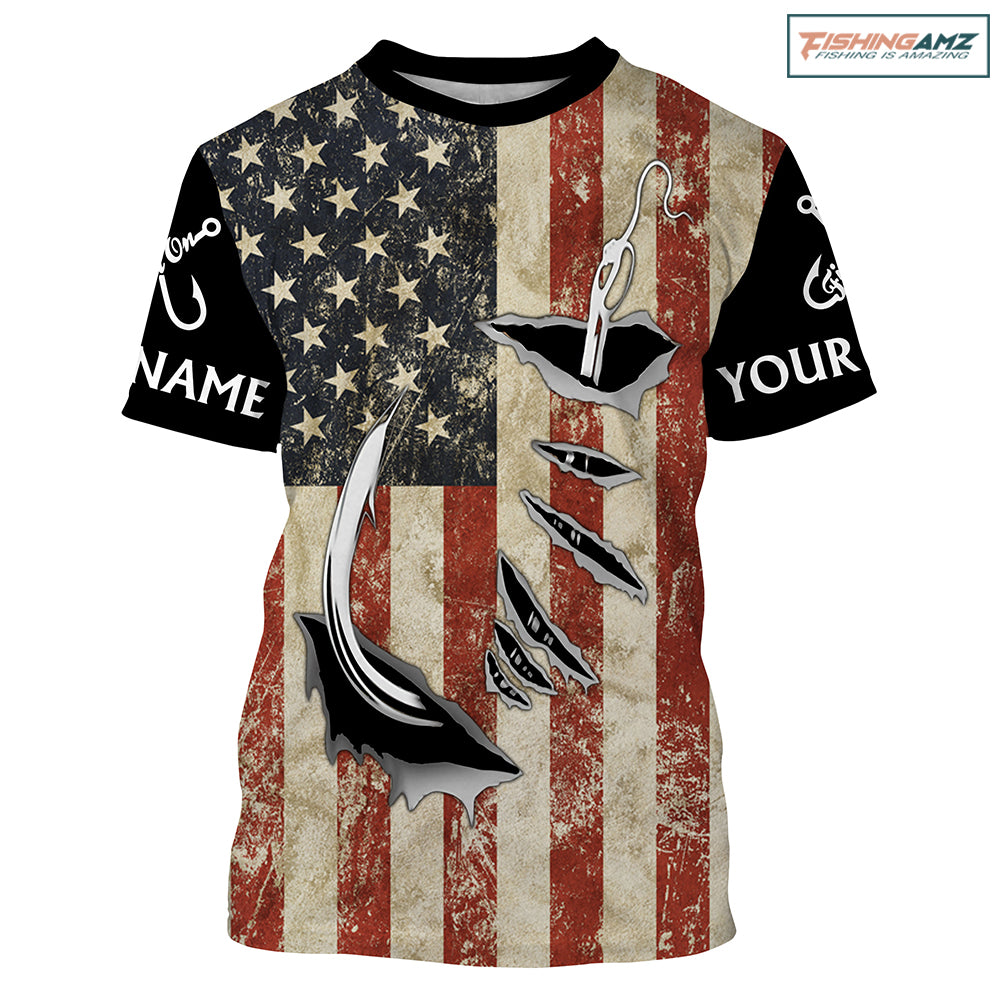 US Fishing Fish Hook American Flag patriotic Customize Name All-over Print Unisex fishing T-shirt NPQ71