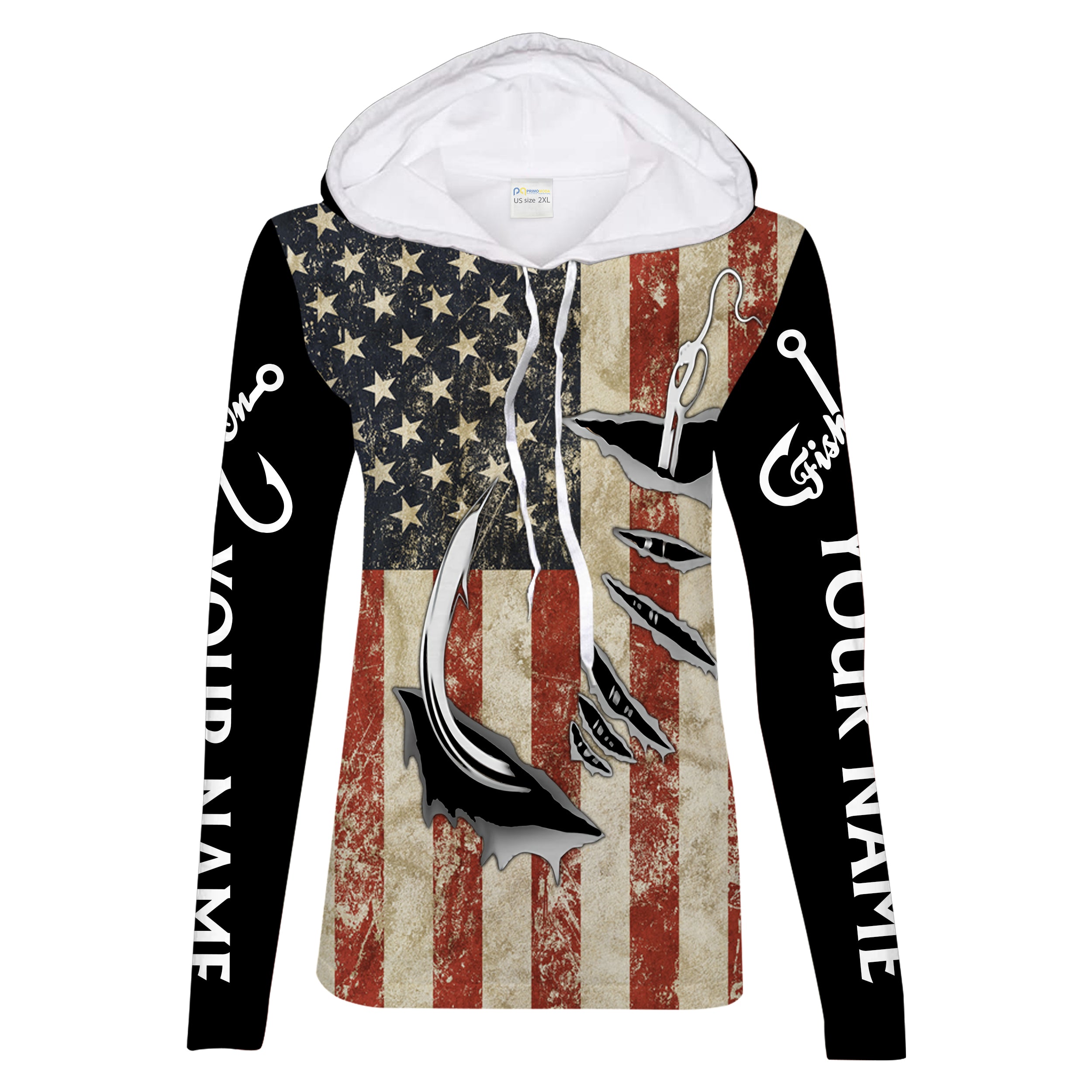 US Fishing Fish Hook American Flag patriotic Custom Name long sleeves fishing shirt for women NPQ71