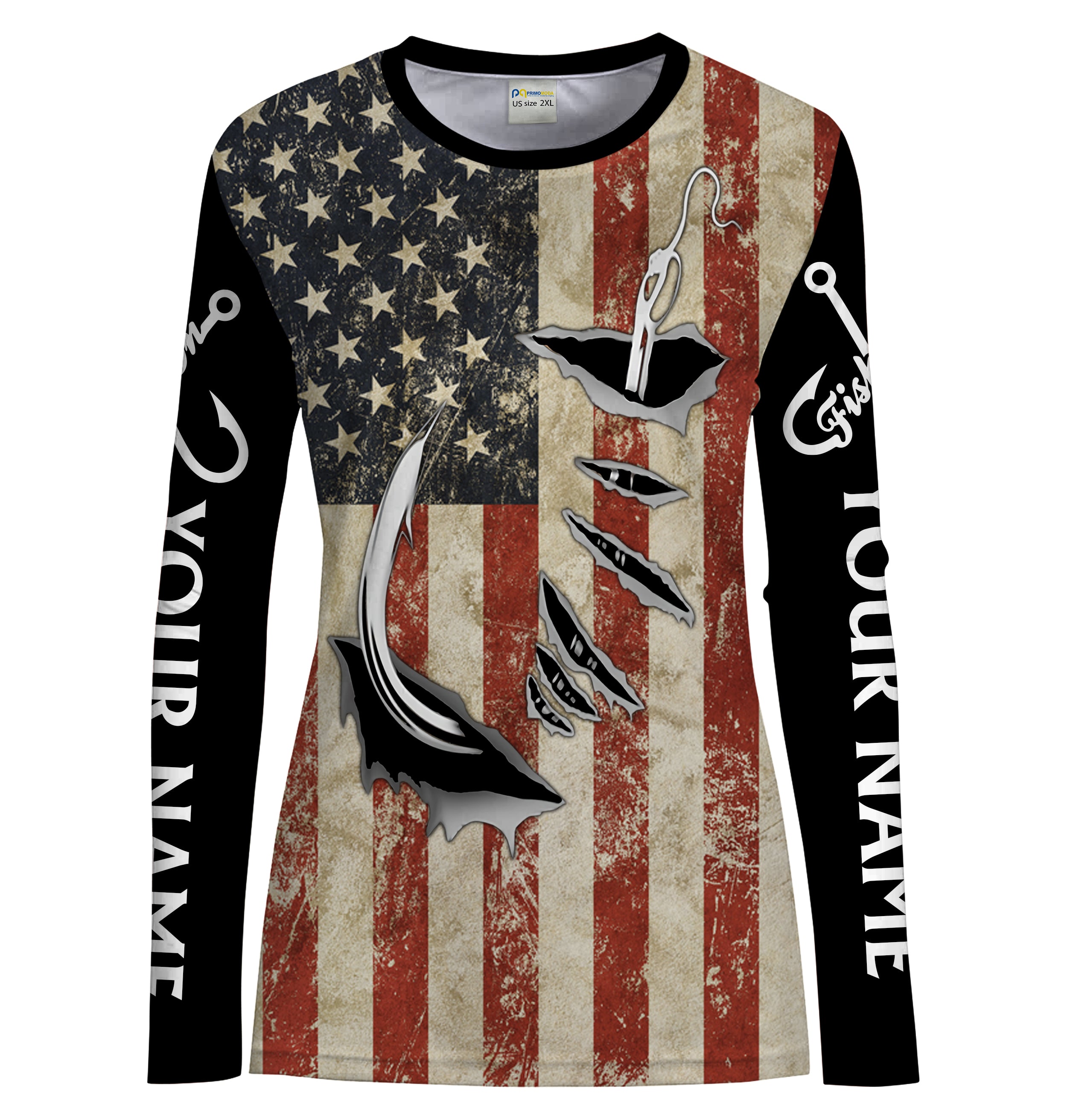 US Fishing Fish Hook American Flag patriotic Custom Name long sleeves fishing shirt for women NPQ71