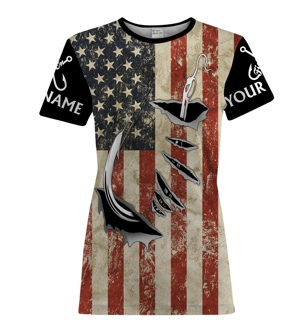 US Fishing Fish Hook American Flag patriotic Customize Name UV protection UPF 30+ fishing t shirts for women NPQ71