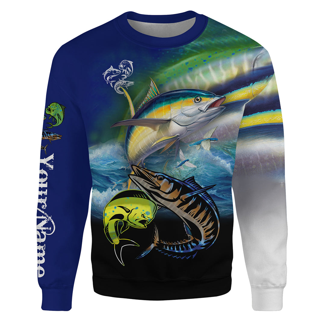 Mahi Mahi ( Dorado), Wahoo, Tuna fishing Customize name 3D All-over Print Crew Neck Sweatshirt, personalized fishing gift NPQ19