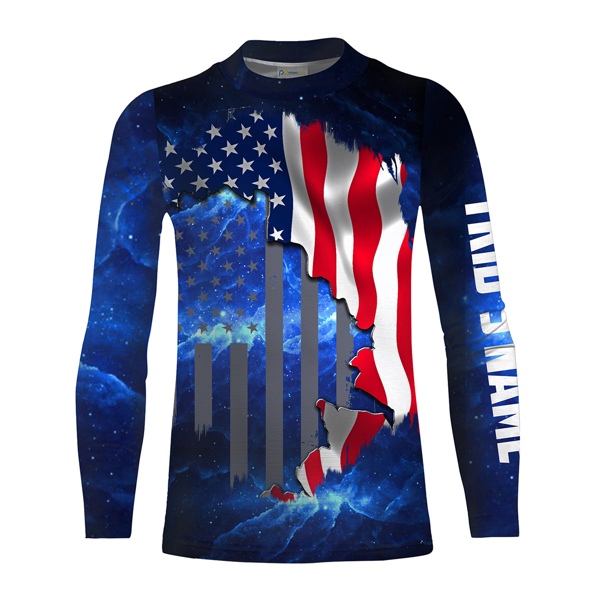 American Flag Universe patriotic Blue Custom Name long sleeves fishing shirt for kid NPQ84