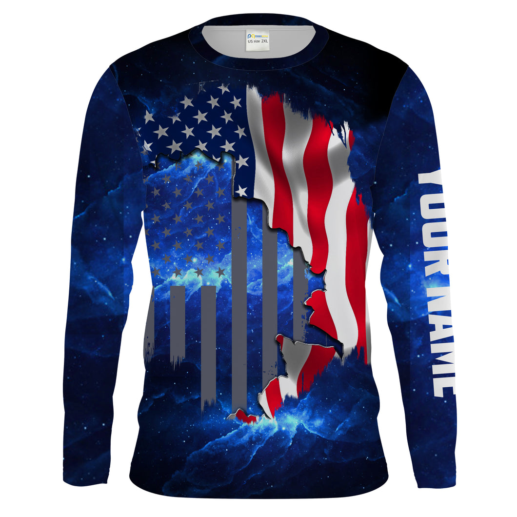 American Flag Universe patriotic Blue Customize Name UV protection quick dry UPF 30+ long sleeves fishing shirt for men NPQ84
