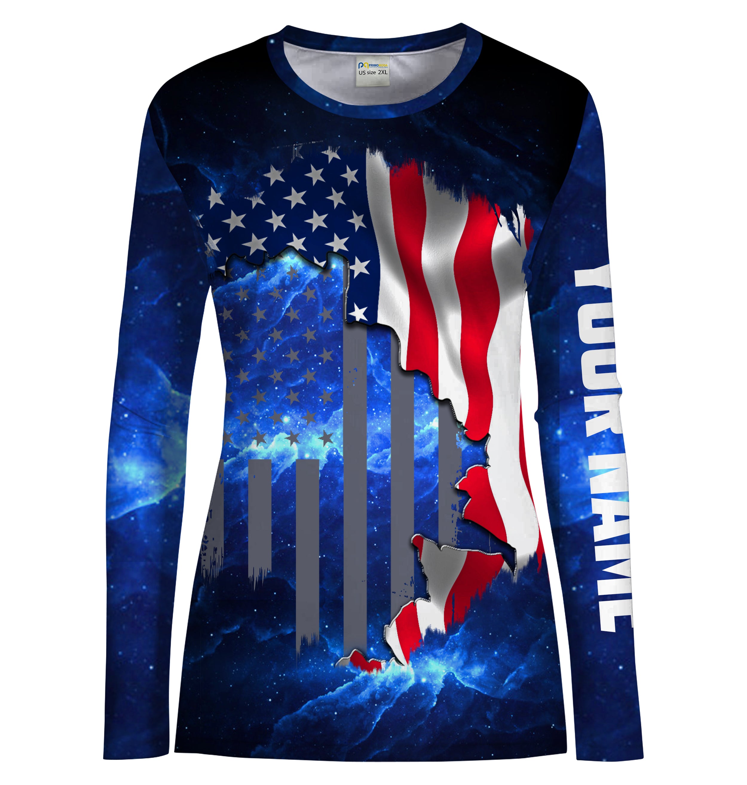 American Flag Universe patriotic Blue Customize Name long sleeves fishing shirt for women NPQ84