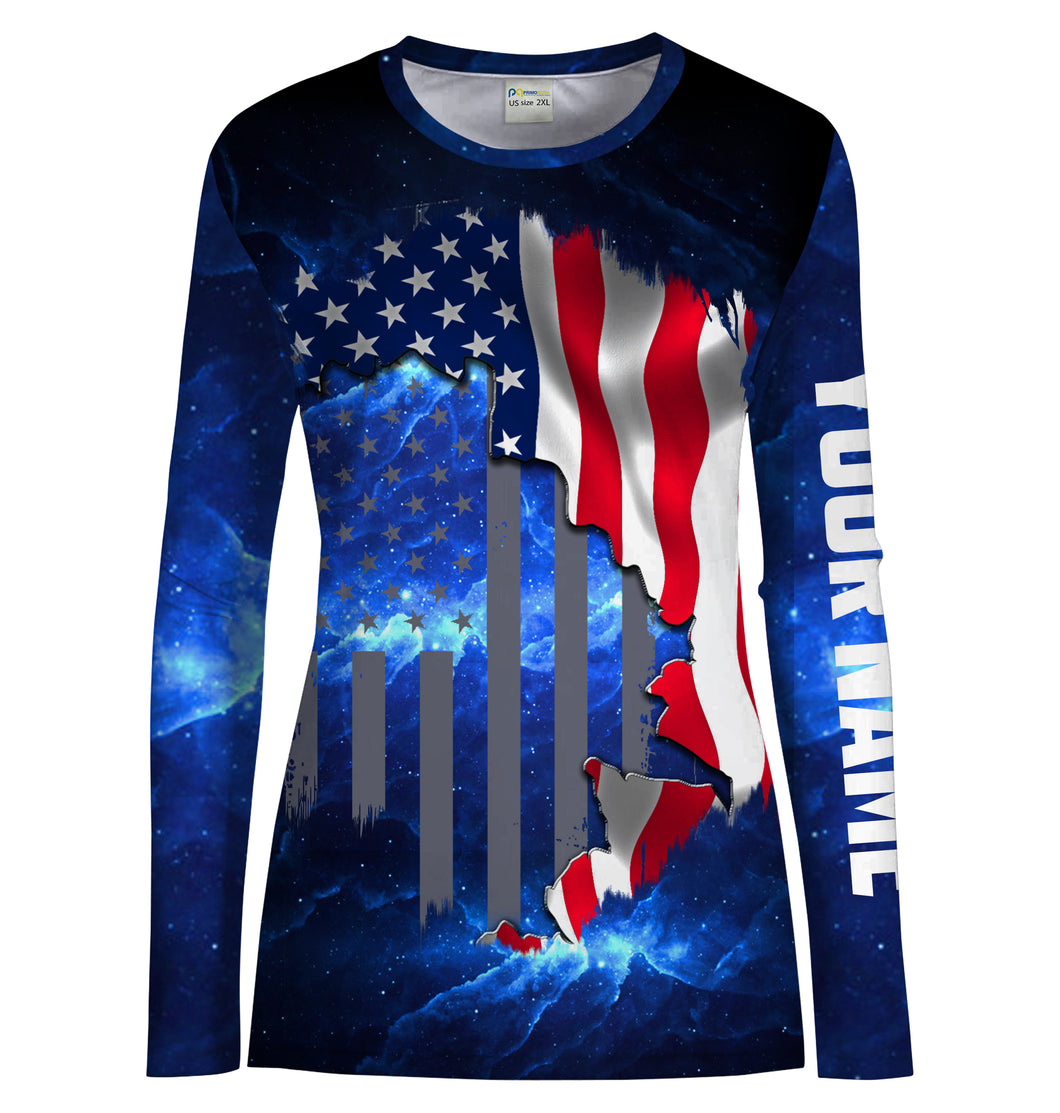 American Flag Universe patriotic Blue Customize Name UV protection UPF 30+ long sleeves fishing shirt for women NPQ84