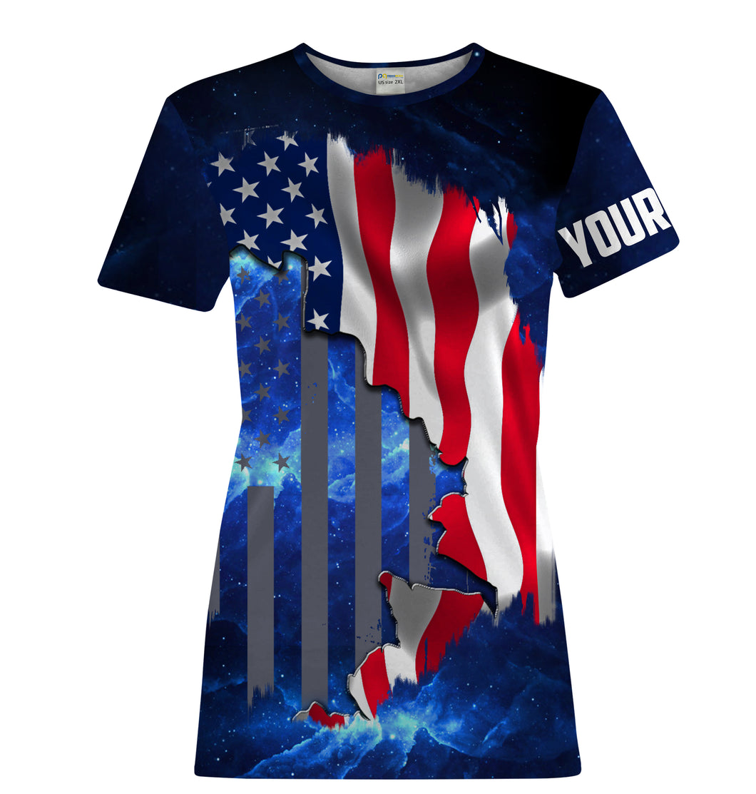 American Flag Universe patriotic Blue Customize Name UV protection quick dry UPF 30+ fishing t shirts for women NPQ84