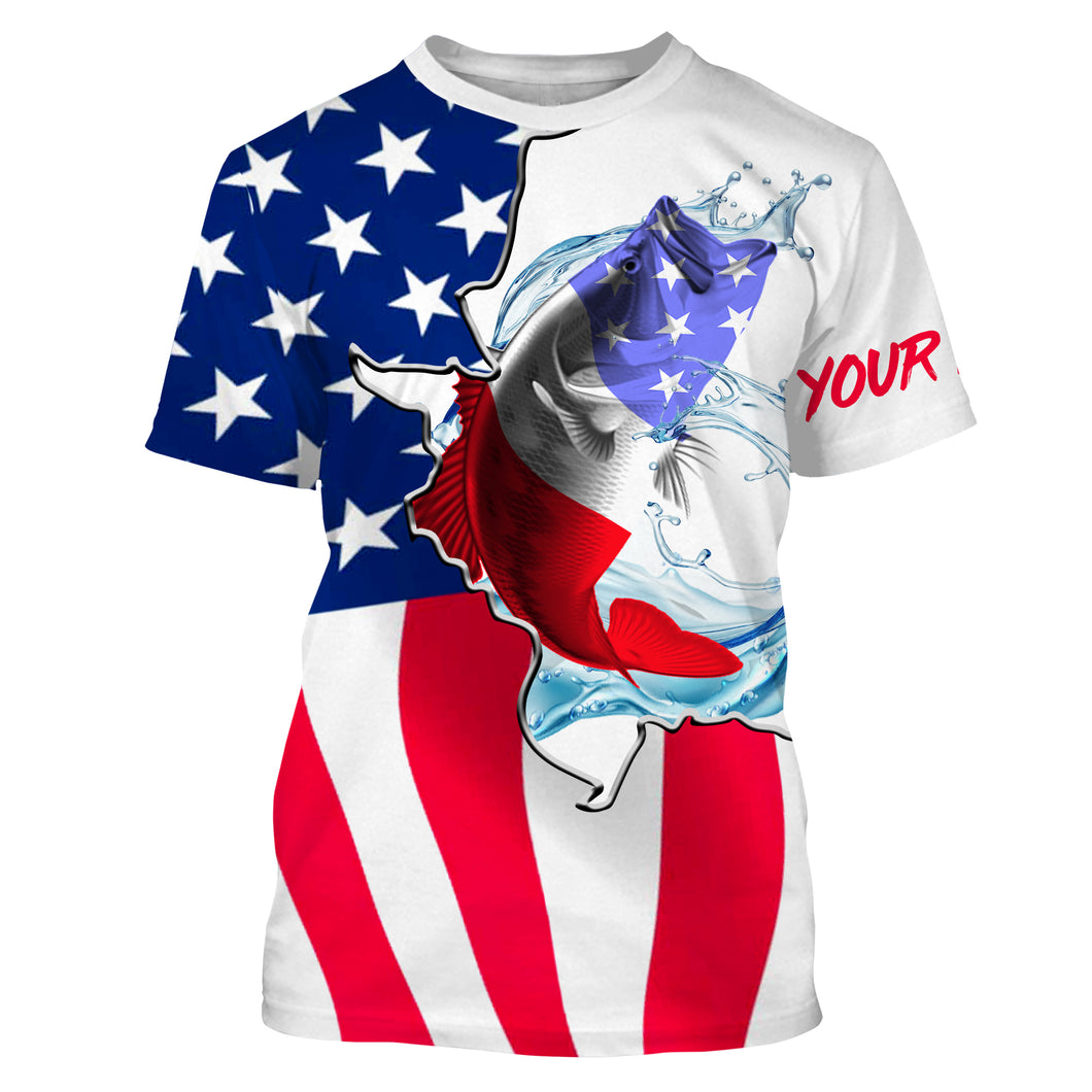 Largemouth Bass fishing American flag patriotic fishing Customize Name All-over Print Unisex fishing T-shirt, gift for fishing lover NPQ417